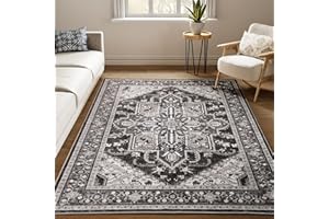 WITSHOCK Boho Area Rugs Machine Washable for Living Room Bedroom, Large 5x7 Vintage Non-Slip Stain Resistant Floor Carpet Indoor for Kitchen Dining Room Office Home Decor, Bitter Black