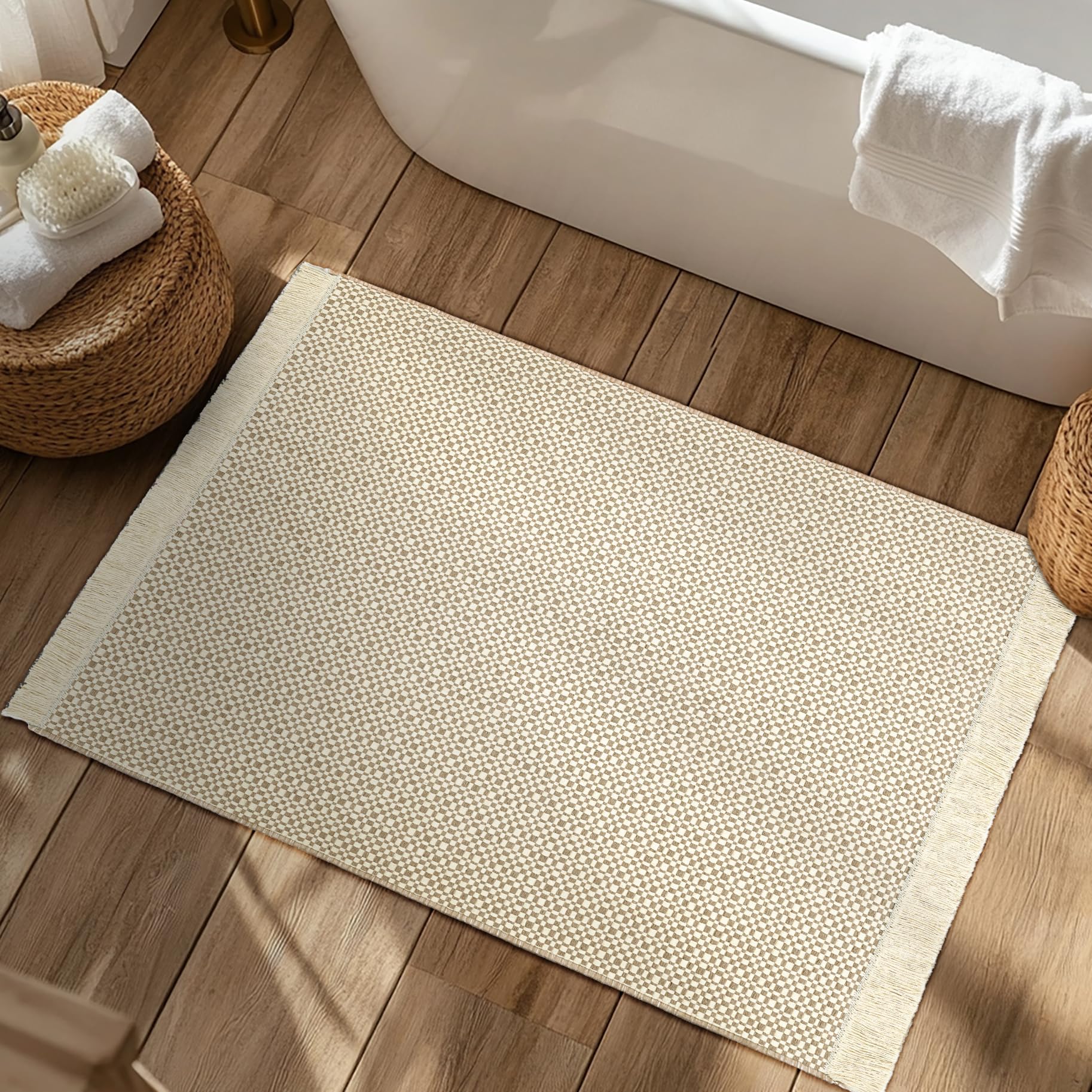 Photo 1 of Tritard Checkered Entryway Rug 2x3 Washable Small Throw Rugs with Tassels Cotton Woven Checkerboard Indoor Door Bath Mat Boho Farmhouse Carpet Kitchen Bathroom Rugs for Front Porch, Brown Neutral