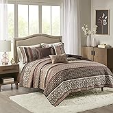 Madison Park Quilt Set Luxurious Jacquard Stripes Design - All Season, Coverlet Bedspread Lightweight Bedding Layer, Shams, Decorative Pillow, King/Cal King(104"x94"), Floral Red 5 Piece
