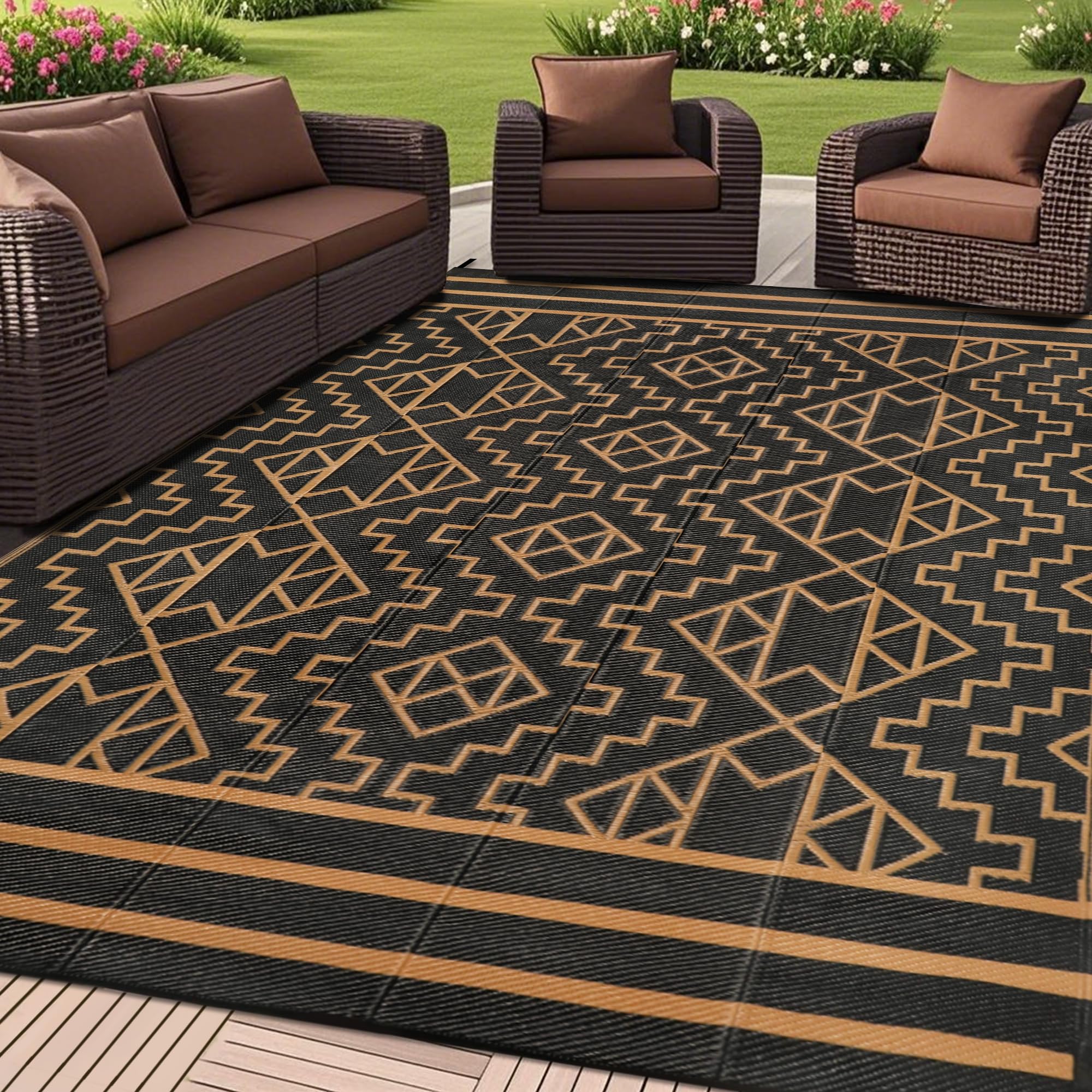 Photo 1 of SAND MINE Reversible Mats, Plastic Straw Rug, Modern Area Rug, Large Floor Mat and Rug for Outdoors, RV, Patio, Backyard, Deck, Picnic, Beach, Trailer, Camping (6' x 9', Black & Brown)