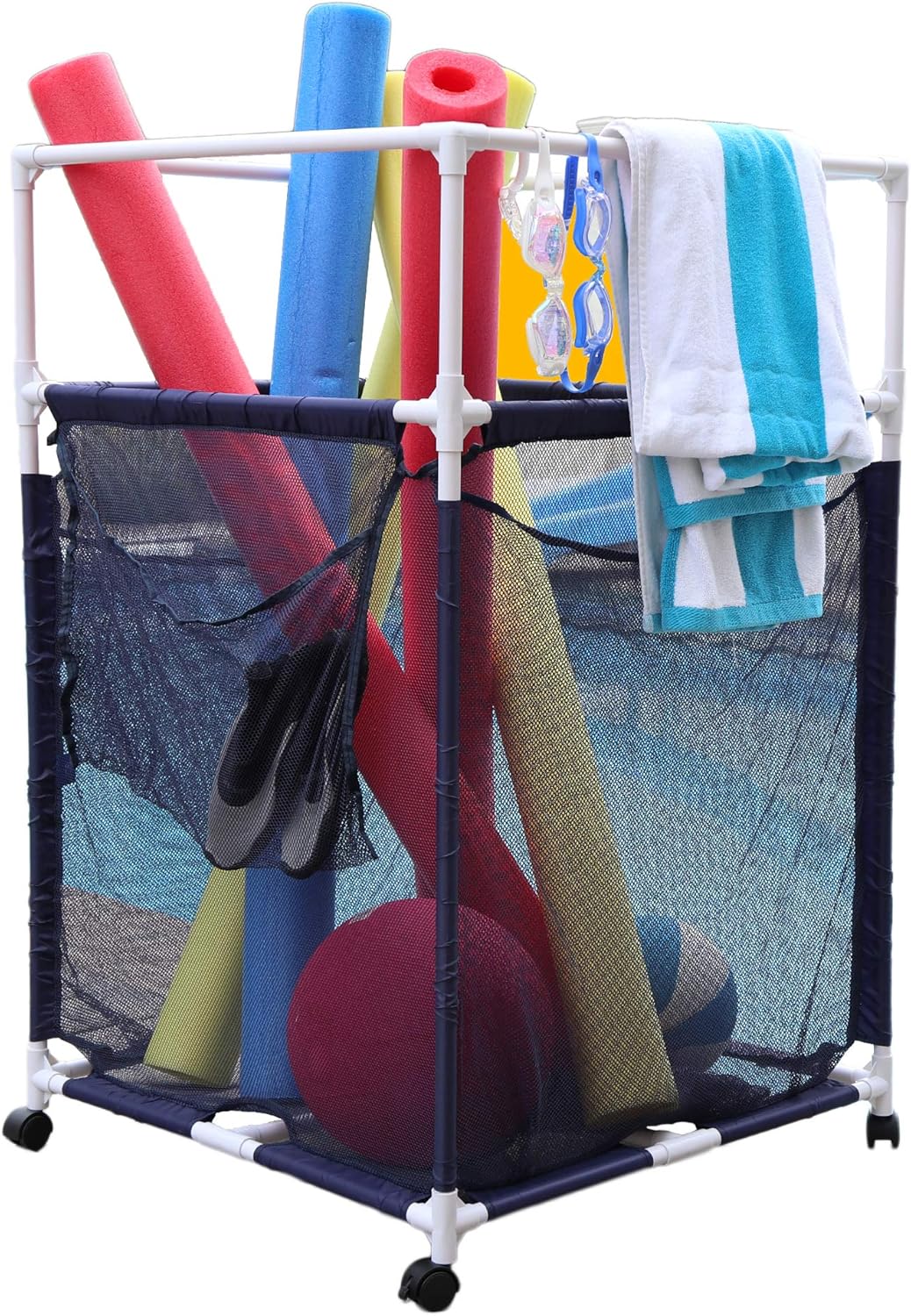 Essentially Yours Rolling Pool Noodle Storage Organizer Bin, Standard Noodle Holder, 24" W x 24" L x 38" H, Blue Mesh/White PVC : Garden & Outdoor