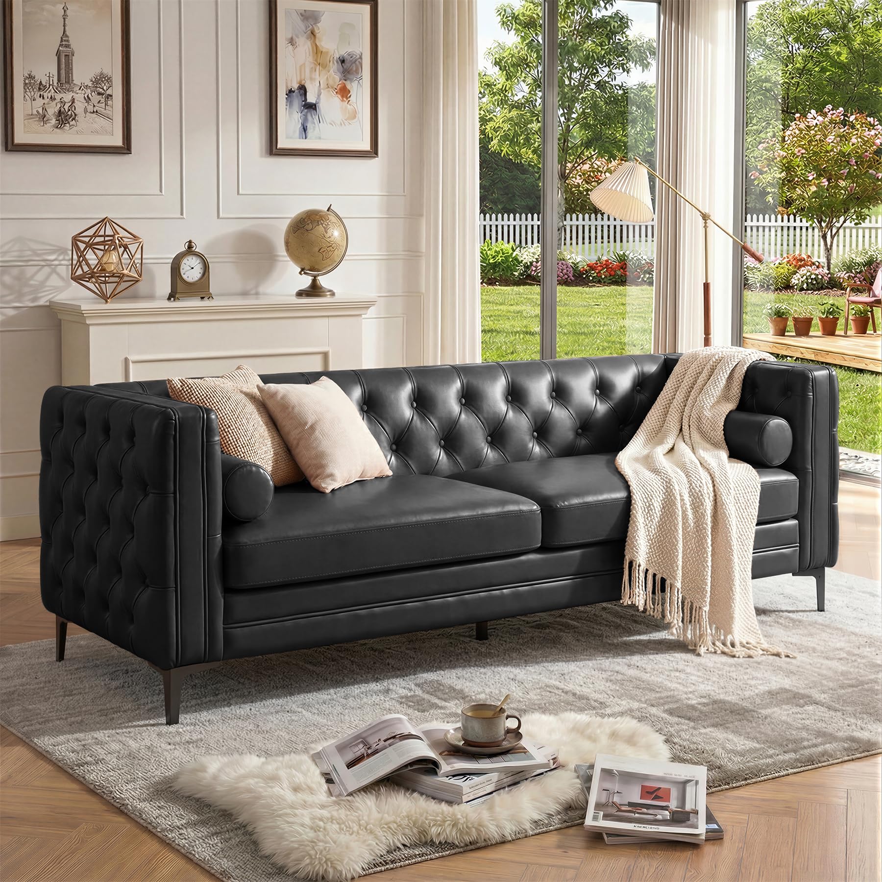 Luxanimarion Faux Leather Sofa for Living Room, Mid-Century Modern Couch with Button Tufting, Metal Legs and 2 Bolster Pillows, Comfortable Deep Seat for Apartment, Office, Black 1 PCS