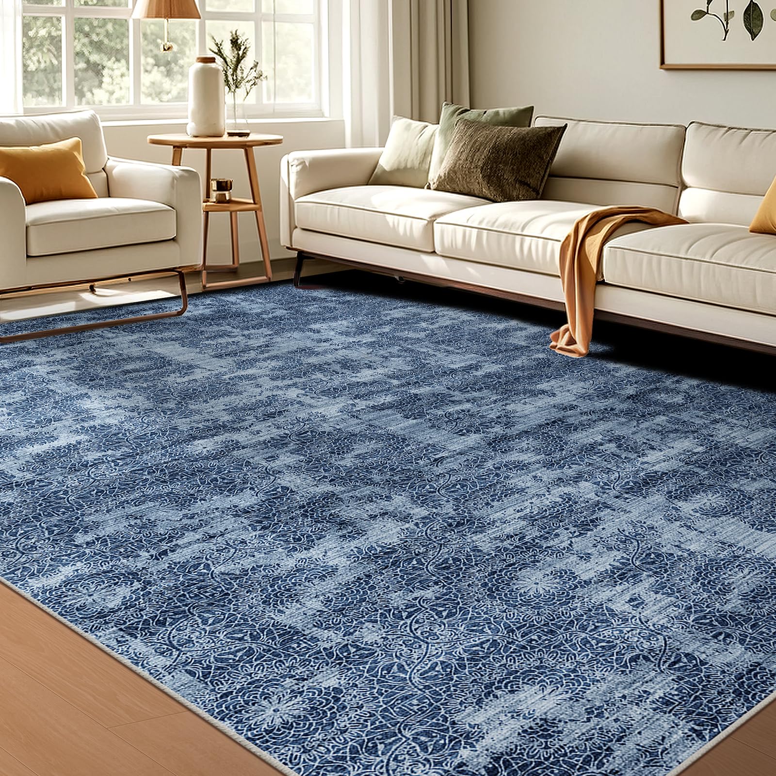 Photo 1 of WITSHOCK 6x9 Area Rugs for Living Room: Machine Washable Non Slip Modern Abstract Carpet - Low Pile Print Rug for Bedroom Dining Room - Stain Resistant for Household - Pet Owners (Blue White)
