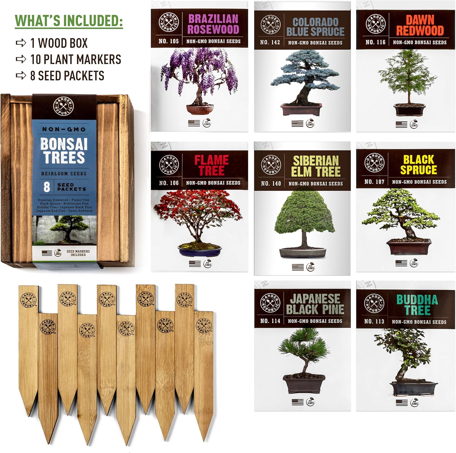 Amazon Com Bonsai Tree Seeds Kit 8 Popular Varieties Of Non Gmo Mini Bonsai Trees Bamboo Plant Markers Wood Gift Box Bonzie Tree Seed Starter Kits Grow Bonzai Indoor Garden