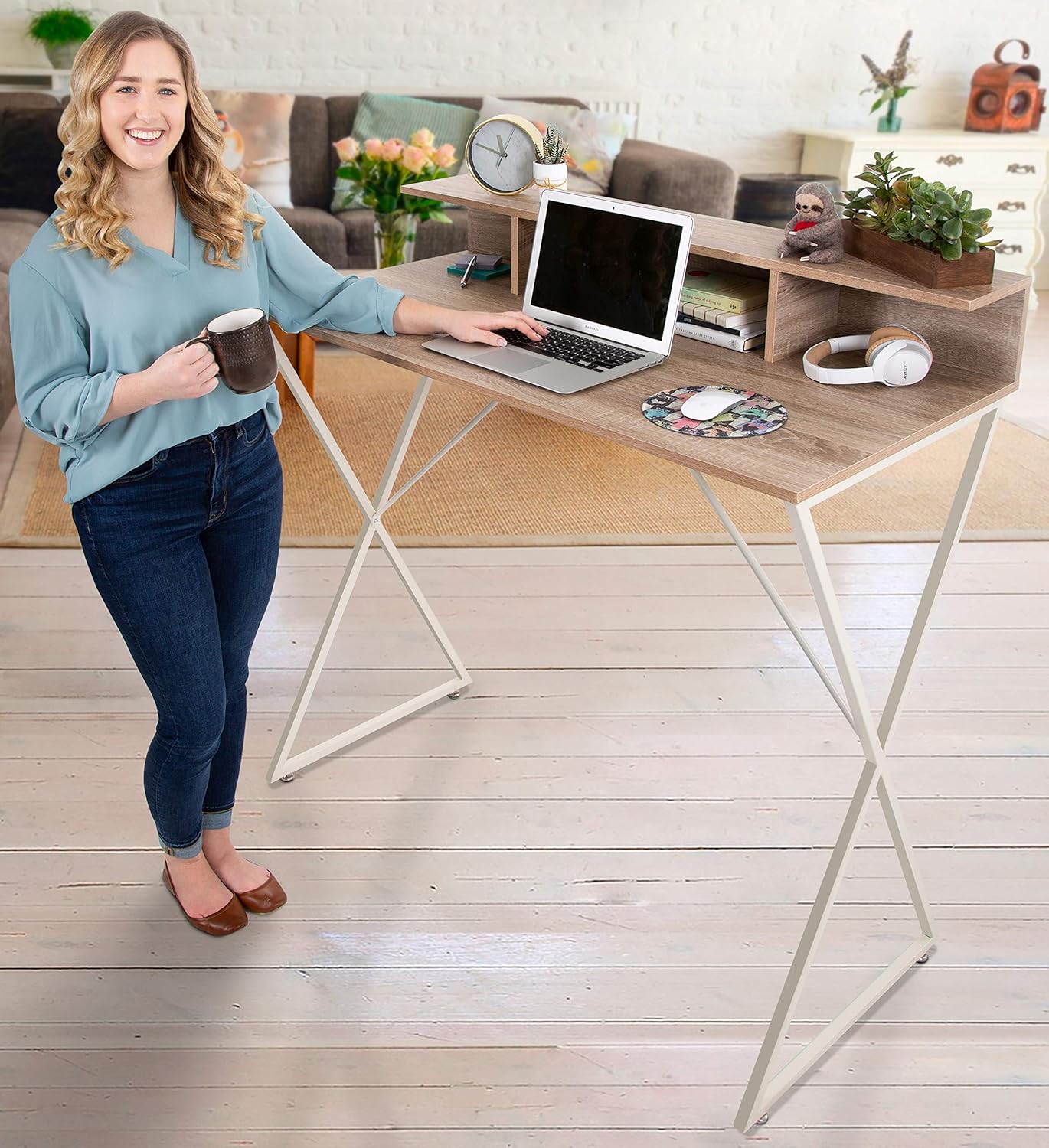 Stand Steady Joy Desk | Modern Stand Up Workstation with Storage Cubbies | Pretty Standing Desk with Large Desktop | Multifunctional Table for Home & Office (Maple / 48 x 42): Office Products