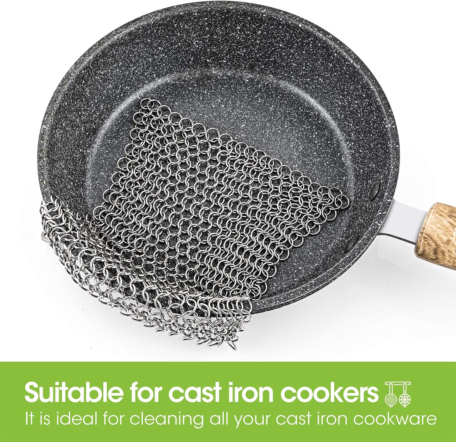 Cast Iron Cleaner, Premium Stainless Steel Cast Iron Scrubber, 8"x6" Rectangular Metal Chainmail Scrubber with Hanging Ring, Ultra-hygienic Anti-Rust Cast Iron Scraper: Health & Personal Care