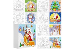 Leitee 12 Pcs 6 x 6 Inch Christmas Pre Drawn Canvas for Painting Stretched Christmas DIY Coloring Pre Printed Canvases Xmas Tree Santa Canvas Boards with Picture to Paint with Wood Easel for Beginner