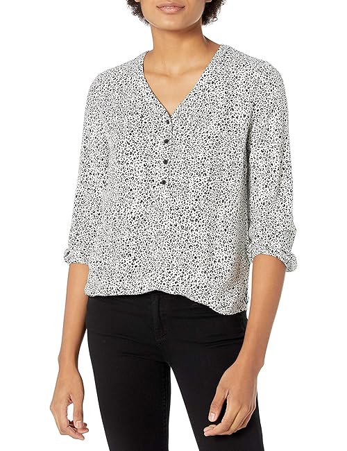 Amazon Essentials Women's 3/4 Sleeve Button Popover Shirt, Loose-Fit V-Neck Blouse, Mini Leopard, X-Large