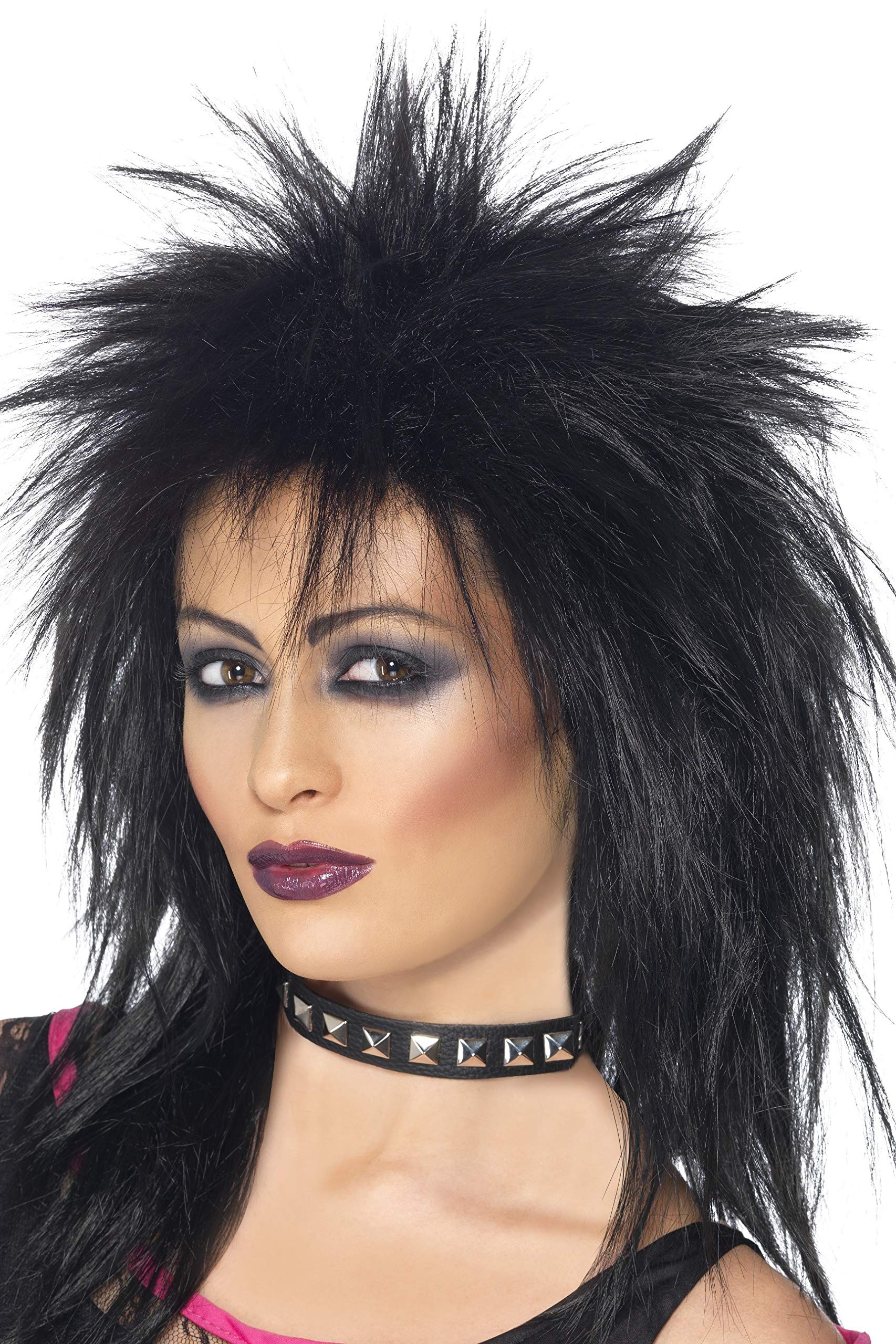 Smiffys Rock Diva Wig, Black Long Mullet, 1980's Fancy Dress, Adult Dress Up Wigs Halloween