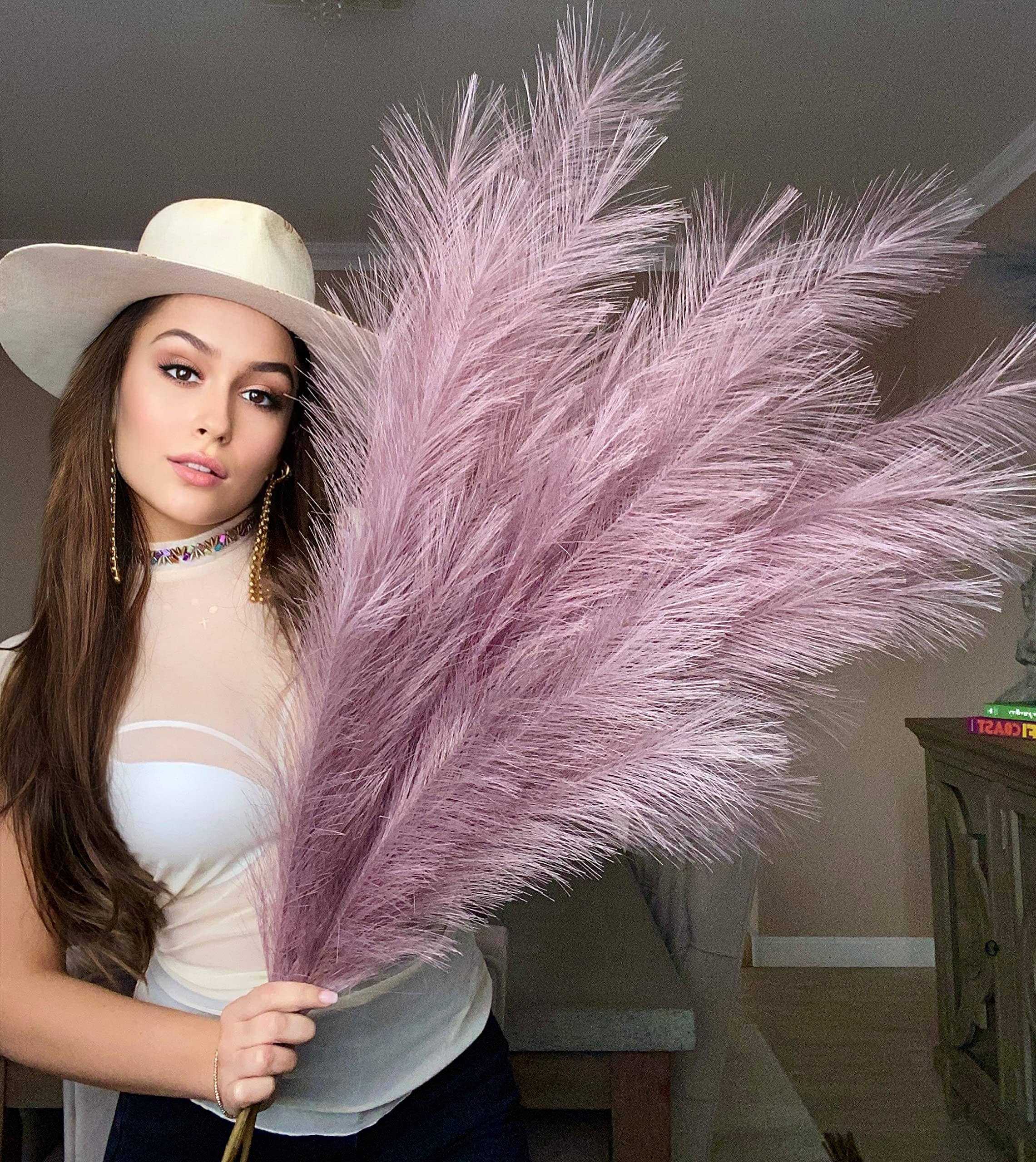 VOULUX Extra Large Purple Fake Faux Artificial Pampas Grass Large Fluffy x3 115cm Stems x18 Decorative Artificial Flora Feathers For Floor Vases Tall Purple Plant Flowers Swingers Long Pampas Grass — image 1