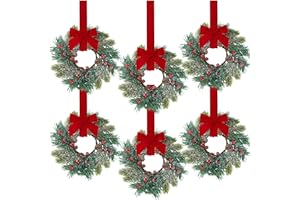 Sggvecsy 6 Pcs Christmas Mini Cabinet Wreaths Norfolk Frosted Pine Wreath with Ribbon Bows Red Berry Pinecones Artificial Small Kitchen Wreath for Window Front Door Farmhouse Wall Xmas Decorations