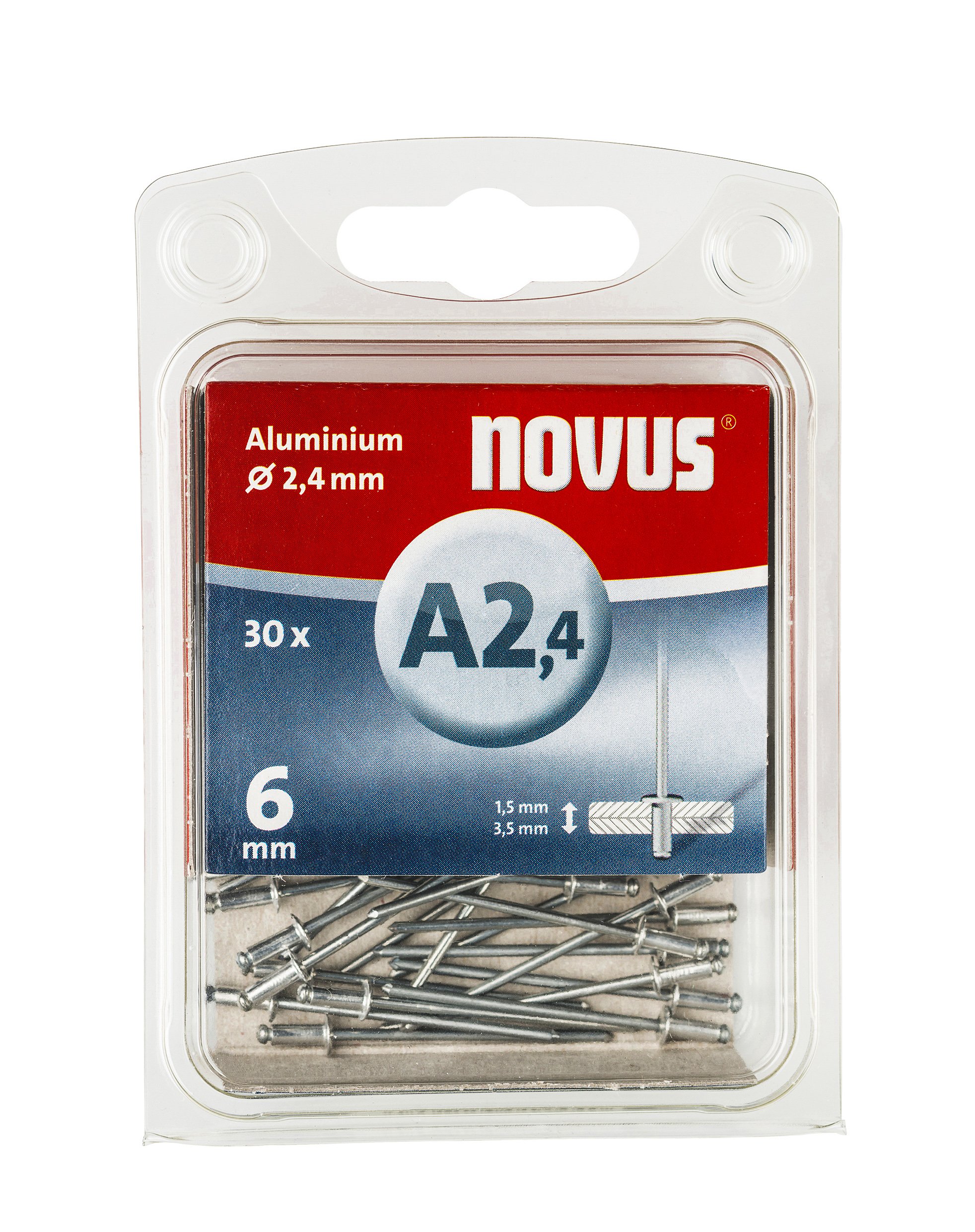 Novus 045-0019 A 2.4, 6 mm Length, 30 Blind Rivets Aluminium Blind Rivets with 2.4 mm Diameter, 1.5-3.5 mm Length, Optimum Rivet for Attaching Nonferrous Metal, Plastics, Fabrics and Leather