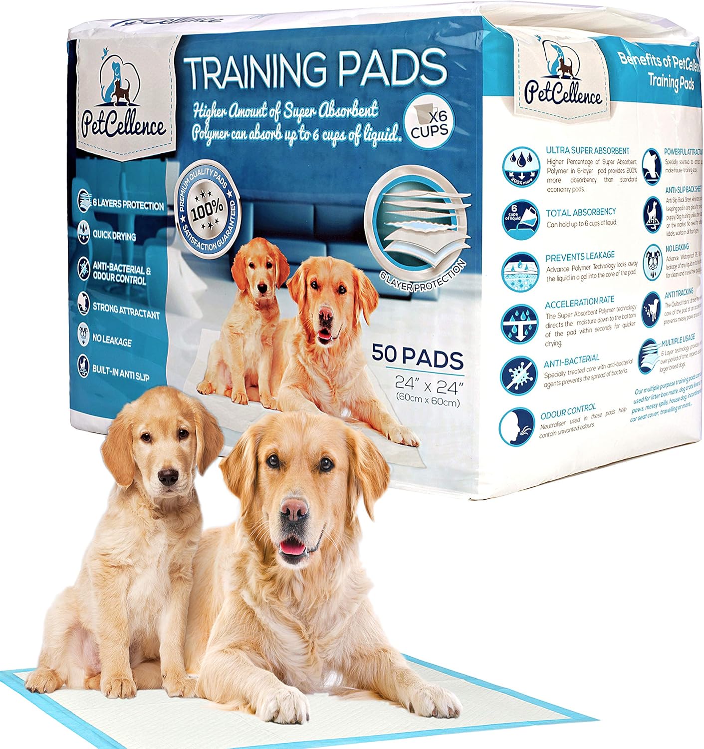 PetCellence Puppy Training Pads 50 Pack Premium Absorbent Dog Pads