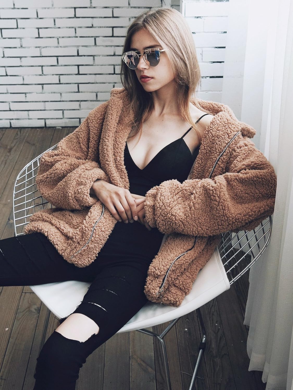 PRETTYGARDEN Women's Fashion Long Sleeve Lapel Zip Up Faux Shearling Shaggy Oversized Coat Jacket with Pockets Warm Winter at  Women’s Clothing store