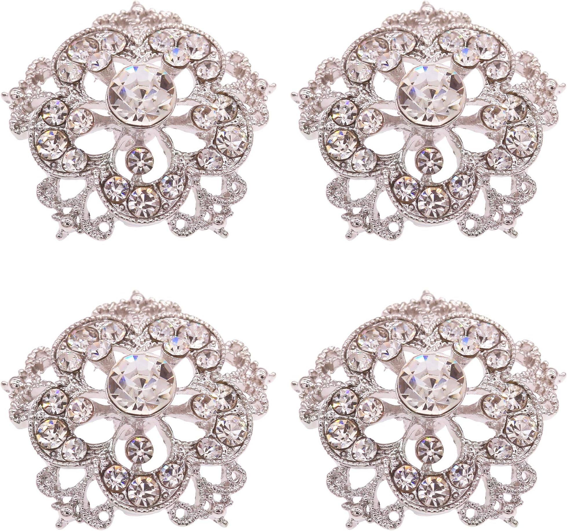 SHINYTIME Crystal Rhinestone Buttons 4 Pieces Sew-On Silver Tone Flower Buttons for Wedding Bouquet Accessories and DIY Crafts 1.2X1.2 inches