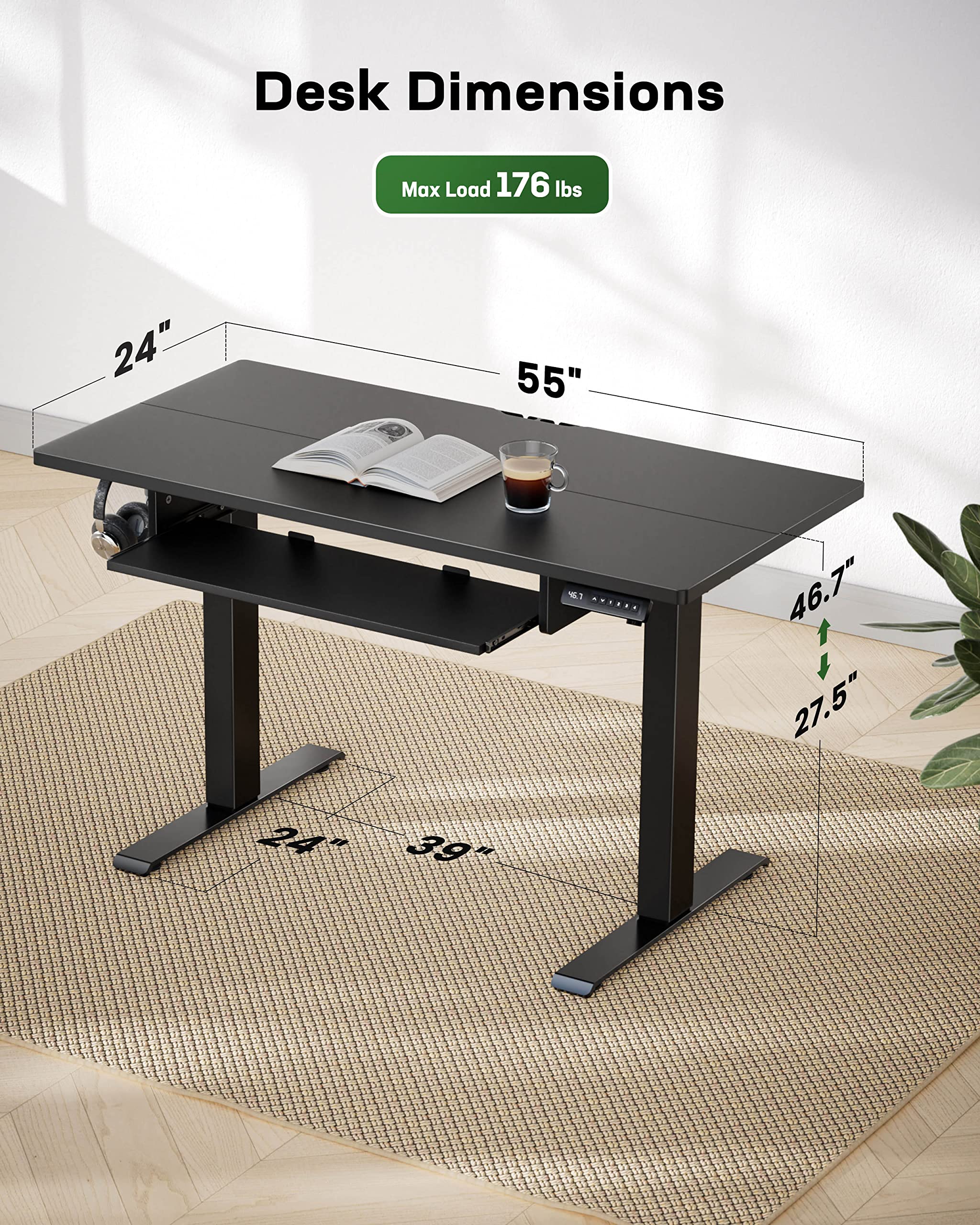 Marsail Standing Desk Adjustable Height with Extra Large Keyboard Tray, 55