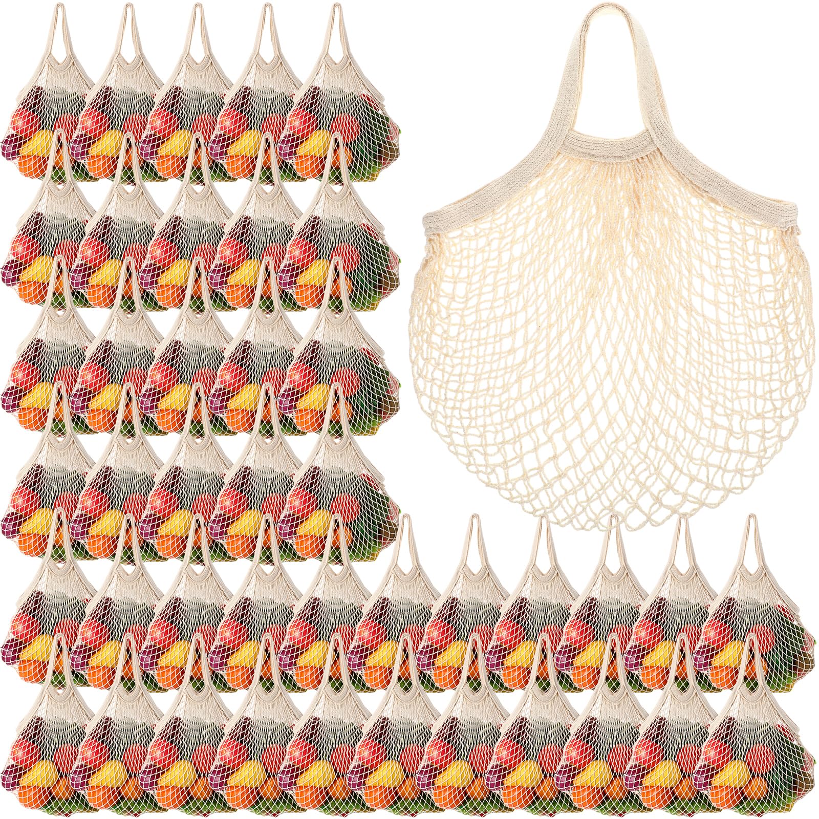 Photo 1 of Paterr 50 Pack Cotton Mesh Produce Bags Bulk Reusable Market Bag Washable Net Grocery Purse String Shopping Tote Beach Organizer for Vegetable Fruit Picnic Food Storage (Short Handle,Beige)
