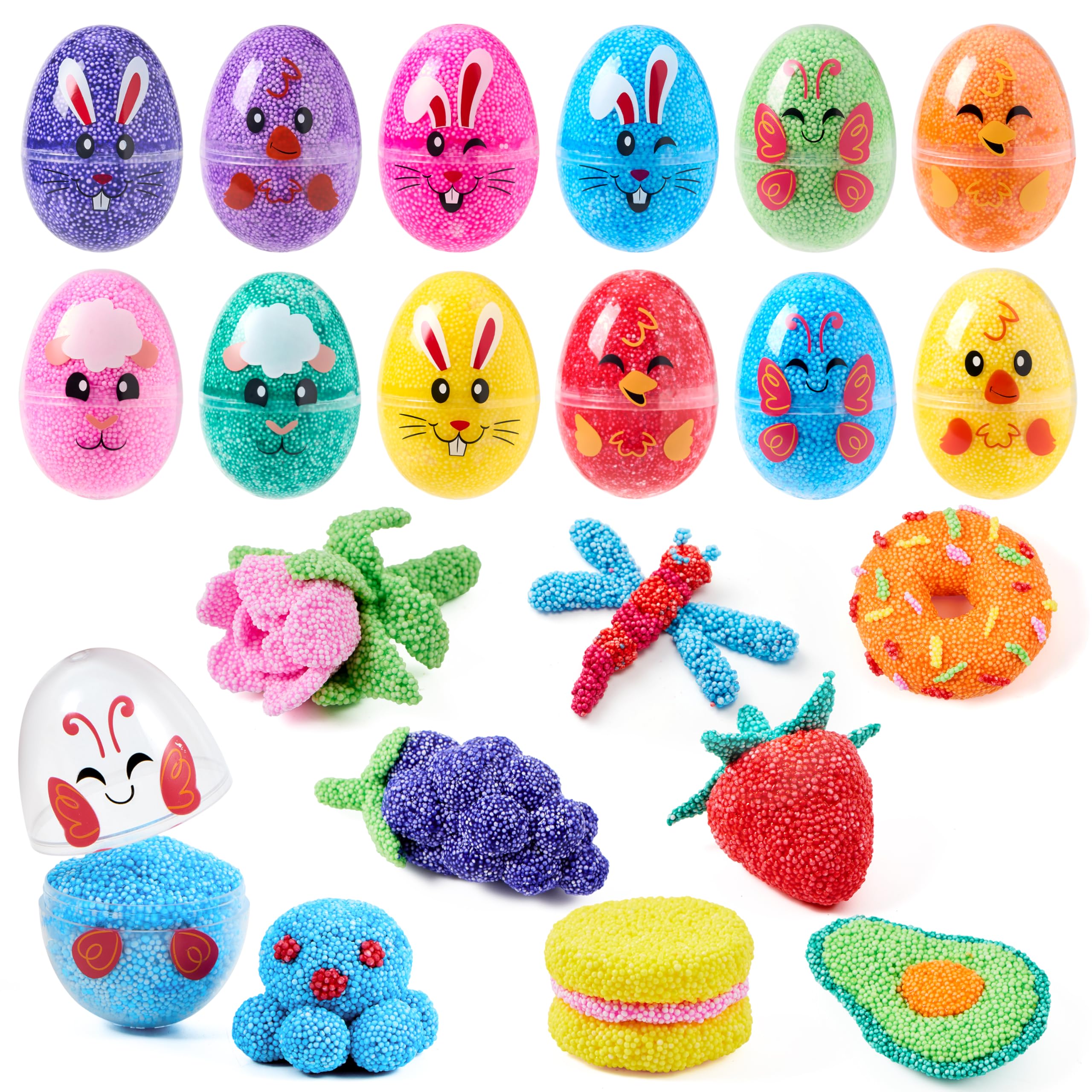 JOYIN 12 Pcs Easter Prefilled Eggs with Foam Squishy Toy, Cute Foam Stress Reliever Squishy Toy Fillers for Easter Egg Hunt, Basket Stuffer, Kids Party Favor, DIY Arts Crafts, Classroom Prize Supplies