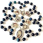 elegantmedical HANDMADE RARE Peacock buleTiger Eye Jade Beads SEVEN 7 SORROWS MARY MEDAL Mater Dolorosa Rosary Necklace Catholic GIFTS