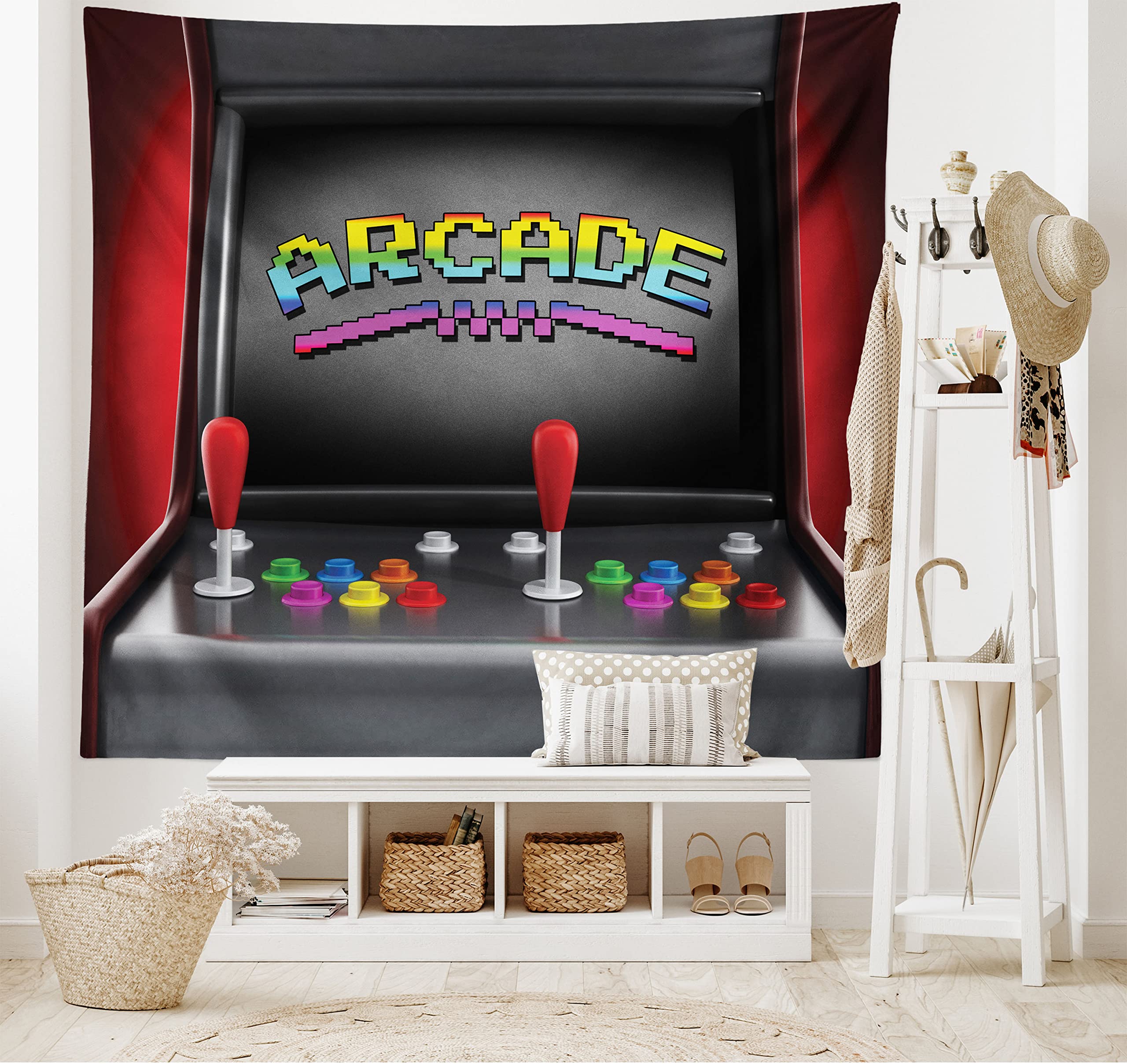 ABAKUHAUS Video Games Tapestry, Arcade Machine Retro Gaming Fun Joystick Buttons Vintage 80's 90's Electronic, Fabric Wall Hanging Decor for Bedroom Living Room Dorm, 90 W X 54 L, Black Dark Pink