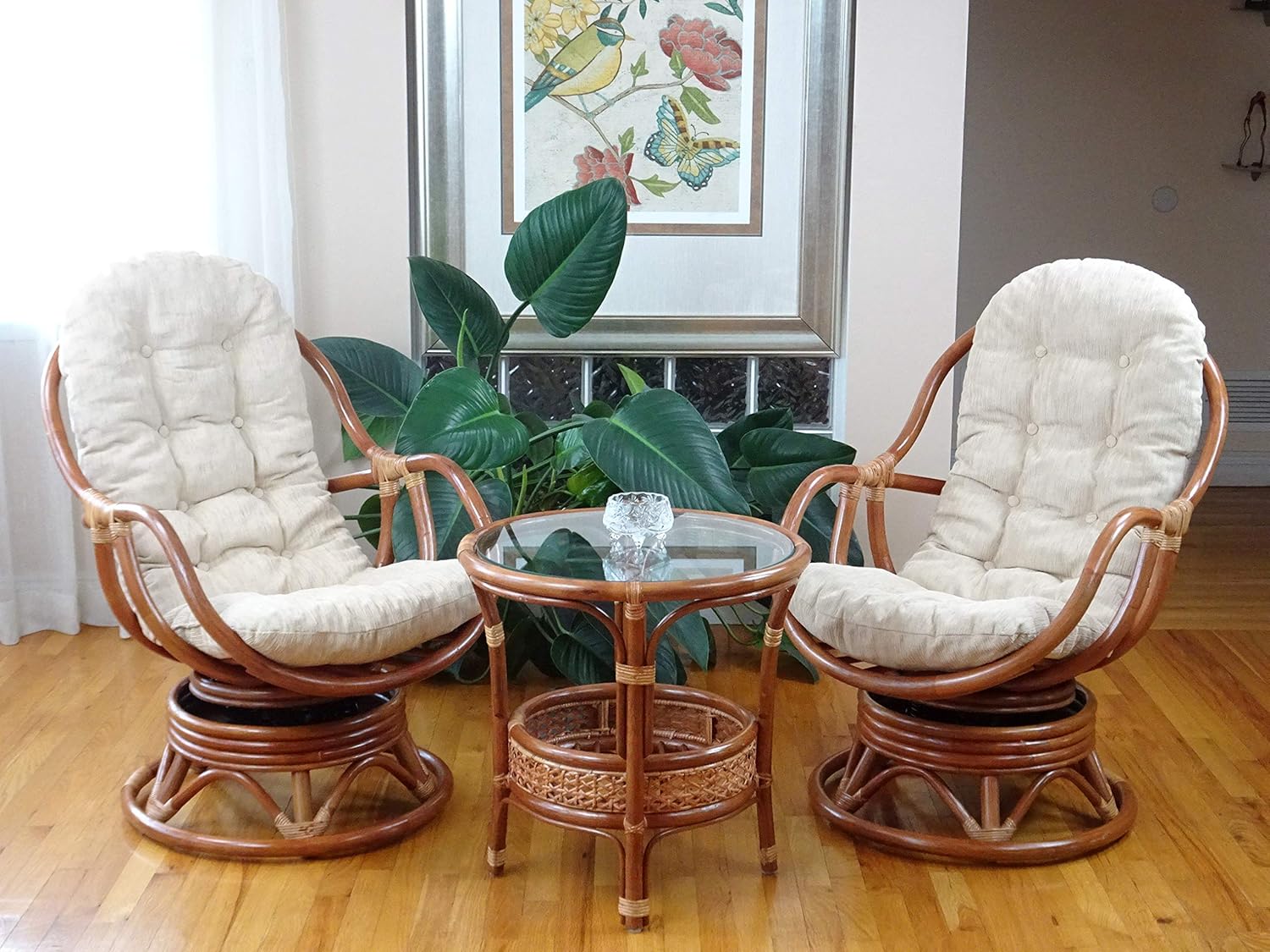 Set of 2 Bali Lounge Swivel Rocking Chairs with Cream Cushion and Pelangi Round Coffee Table Natural Rattan Wicker Handmade, Colonial