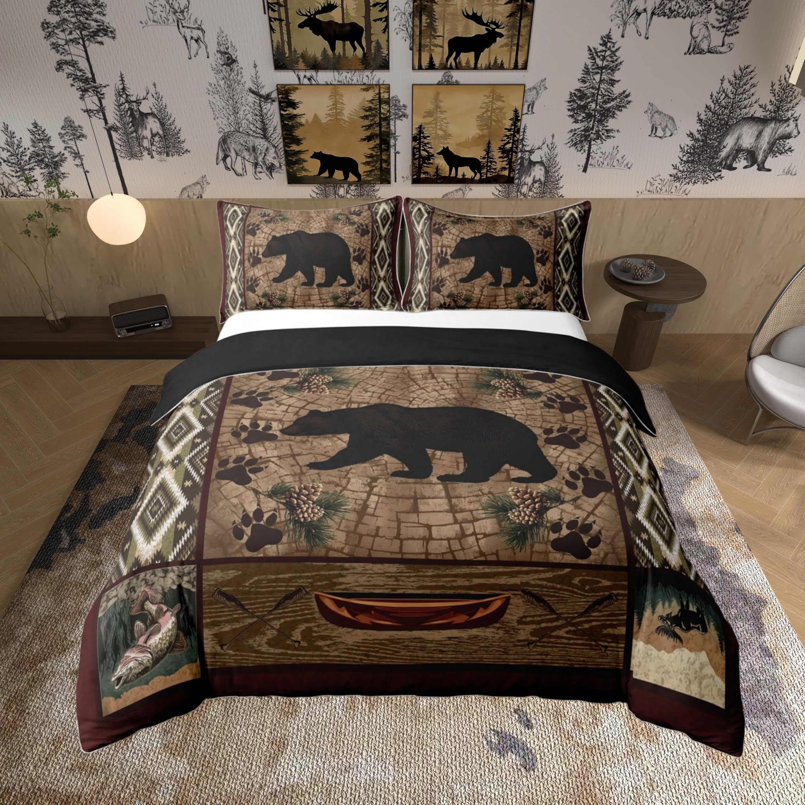Photo 1 of 100% Natural Cotton Lodge Cabin Duvet Cover King,Wild Bear Animal Silhouette Bedding Set (Not Comforter) for Country Room Decor,Bohemian Pattern Wooden Print Bedspread Cover with Zipper Closure