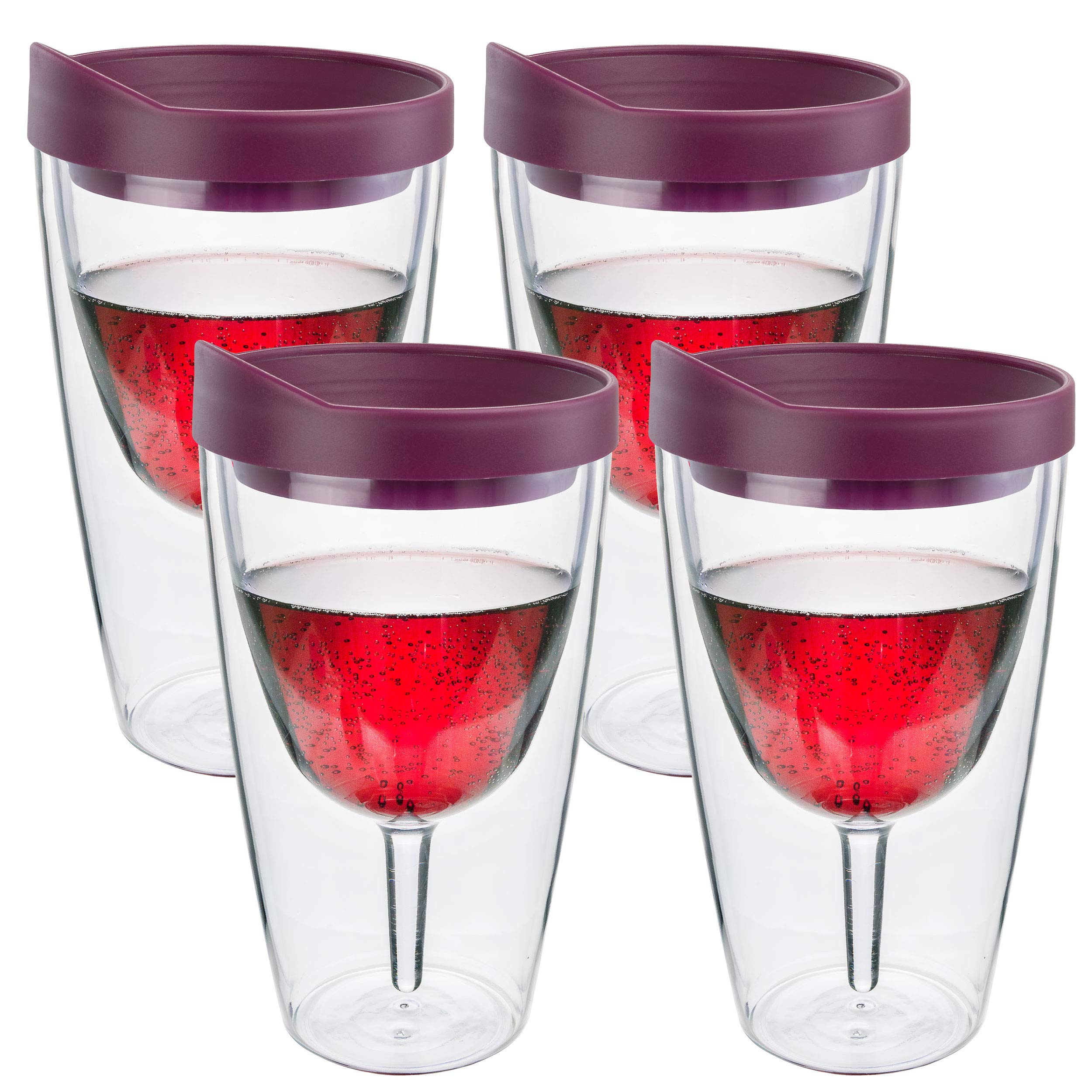 Southern Homewares Wine 2Go! Insulated Vino Double Wall Acrylic Wine Tumbler with Merlot Drink Through Lid, 16-Ounce, Pack of 4