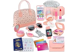 STAR PRINCESS Play Purse for Little Girls - Pretend Play Toy Set for Kids Including Handbag, Makeup, Phone, Wallet, Smartwatch, Passport, Credit Cards, Keys - Birthday Gift Ideas for Girls Age 3 4 5 6 7+