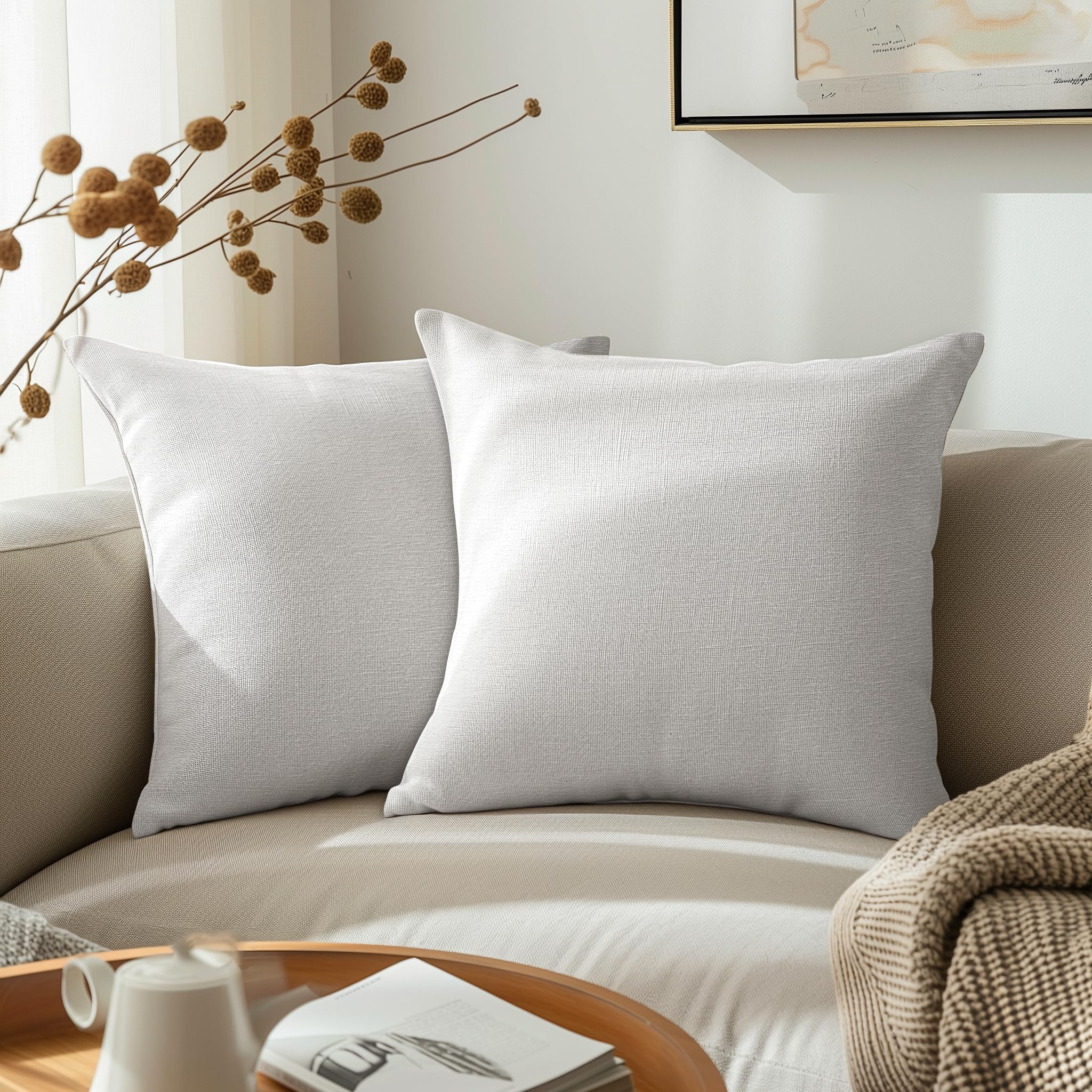 Encasa XO Fine Chenille Throw Pillow Covers 2 pcs Set - White- 60x60 cm Textured Solid Colour, Soft & Smooth, Square Accent Decorative Cushion for Couch, Sofa, Chair & Bed