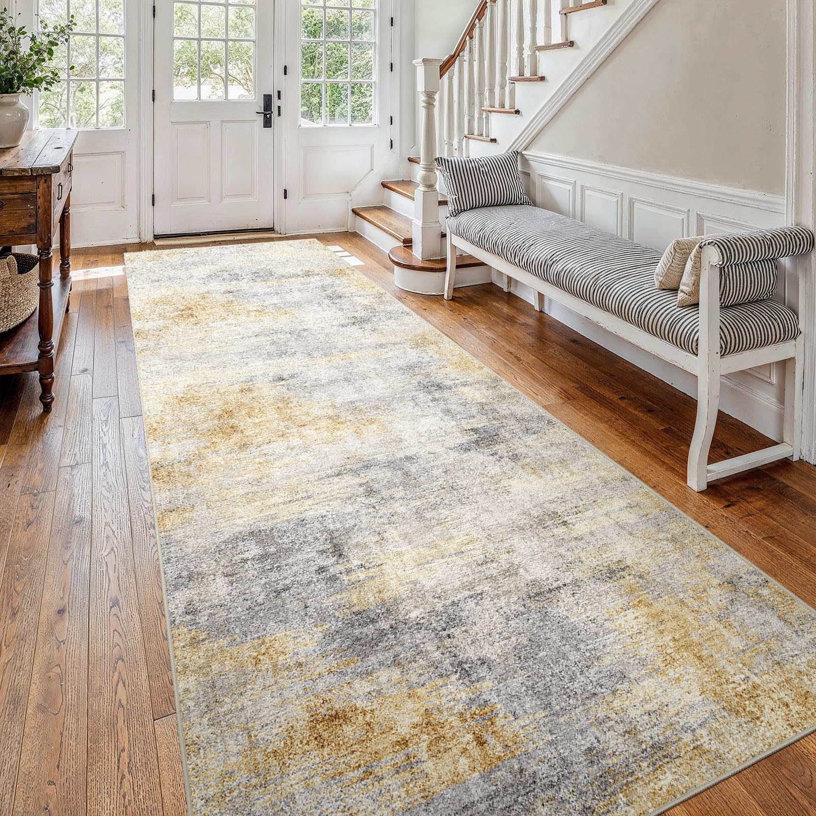 4x12 Washable Kitchen Runner Rug: Modern Abstract Wide Runners for Hallway Soft Non Slip Rugs with Rubber Backing Low Pile Thin Carpet for Entryway Bedroom Bathroom Laundry Indoor(Grey/Yellow,4x12) Image