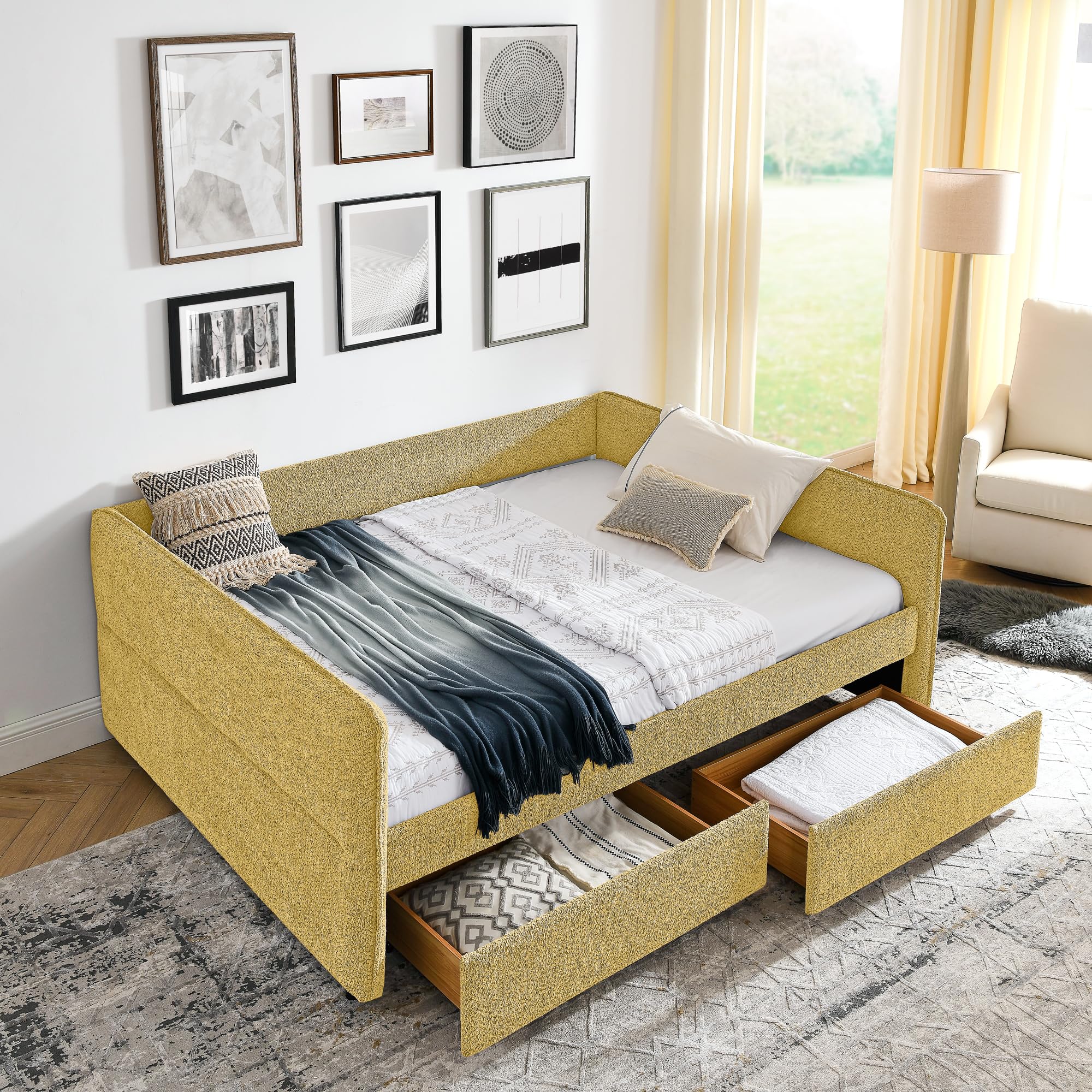 KEIKI Queen Size Boucle Upholstery Daybed with 2 Drawers, Modern Style Tufted Corner Sofa Bed Frame with Solid Wooden Slats, Easy Assembly, No Box Spring Required, for Living Room, Bedroom, Yellow