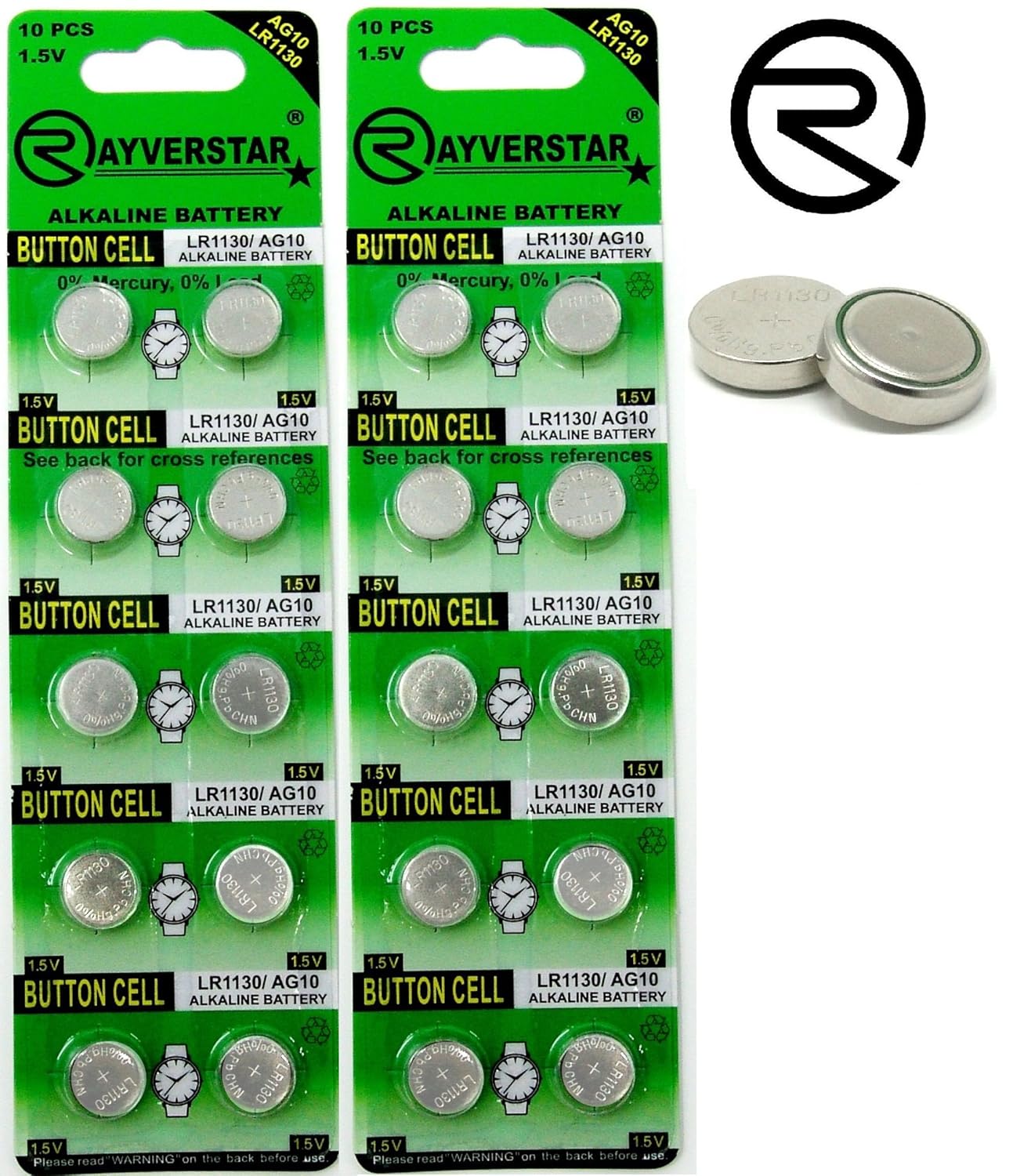 Rayverstar LR1130 AG10 1.5V Alkaline Batteries (20) Fits: L1131, 189, 389, 390, 534, 554, 603 (List Below)