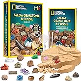 NATIONAL GEOGRAPHIC Mega Fossil and Gemstone Dig Kit - Excavate 20 Real Fossils and Gems, Science Kit for Kids, Rock Digging 
