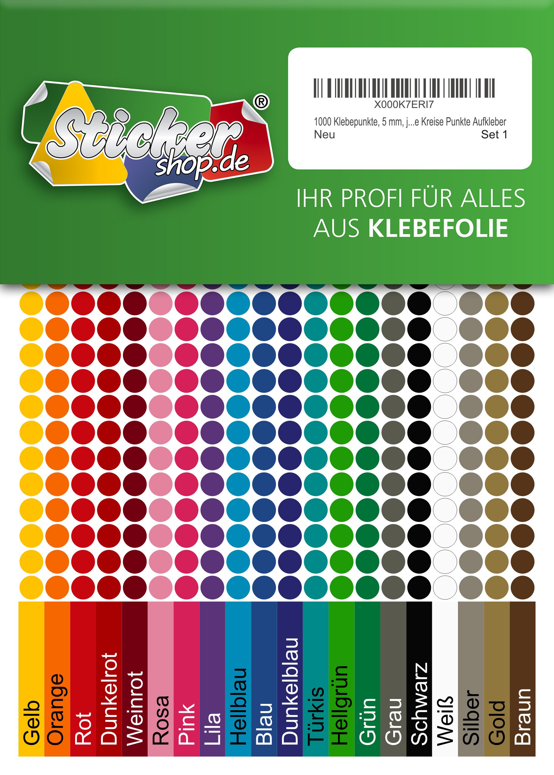 1000 adhesive dots, 5 mm, each 50 pieces in different 20 colours, made of PVC film, weatherproof, marking points, sticker