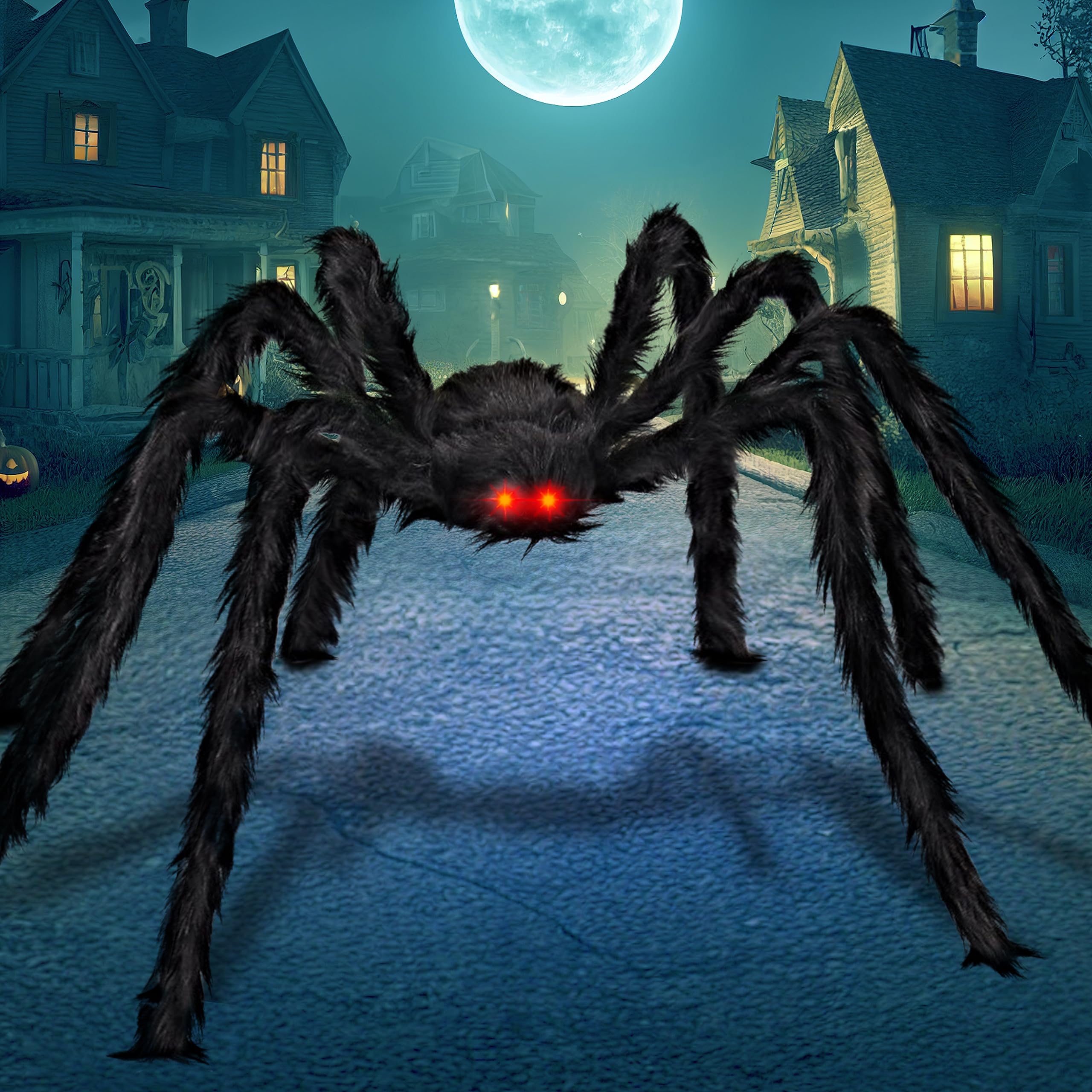 Photo 1 of JOYIN 6.5ft Halloween Spider Outdoor Decorations, Light-up LED Eyes Scary Giant Fake Large Hairy Spider Props for Halloween Yard Lawn Decoration, Indoor Party Supplies and Outside Decor, Black