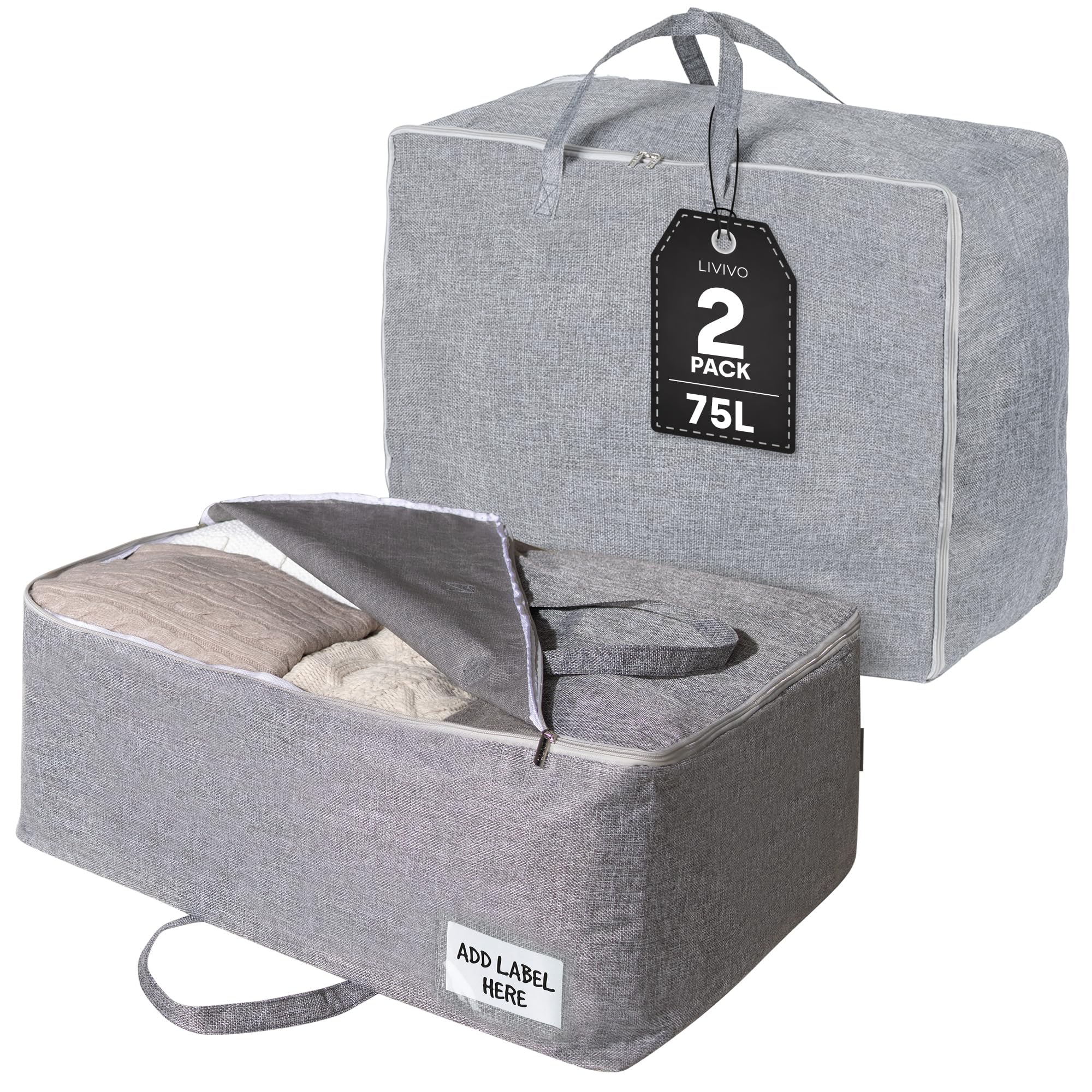 LIVIVO 75L Clothes Storage Bags with Zips - 2 Pcs Deluxe Large Storage Duvet Storage Bag with Handles, Heavy Duty Zips - Underbed Storage Bags for Bedding Storage Bags, Clothes, Duvets, Blankets