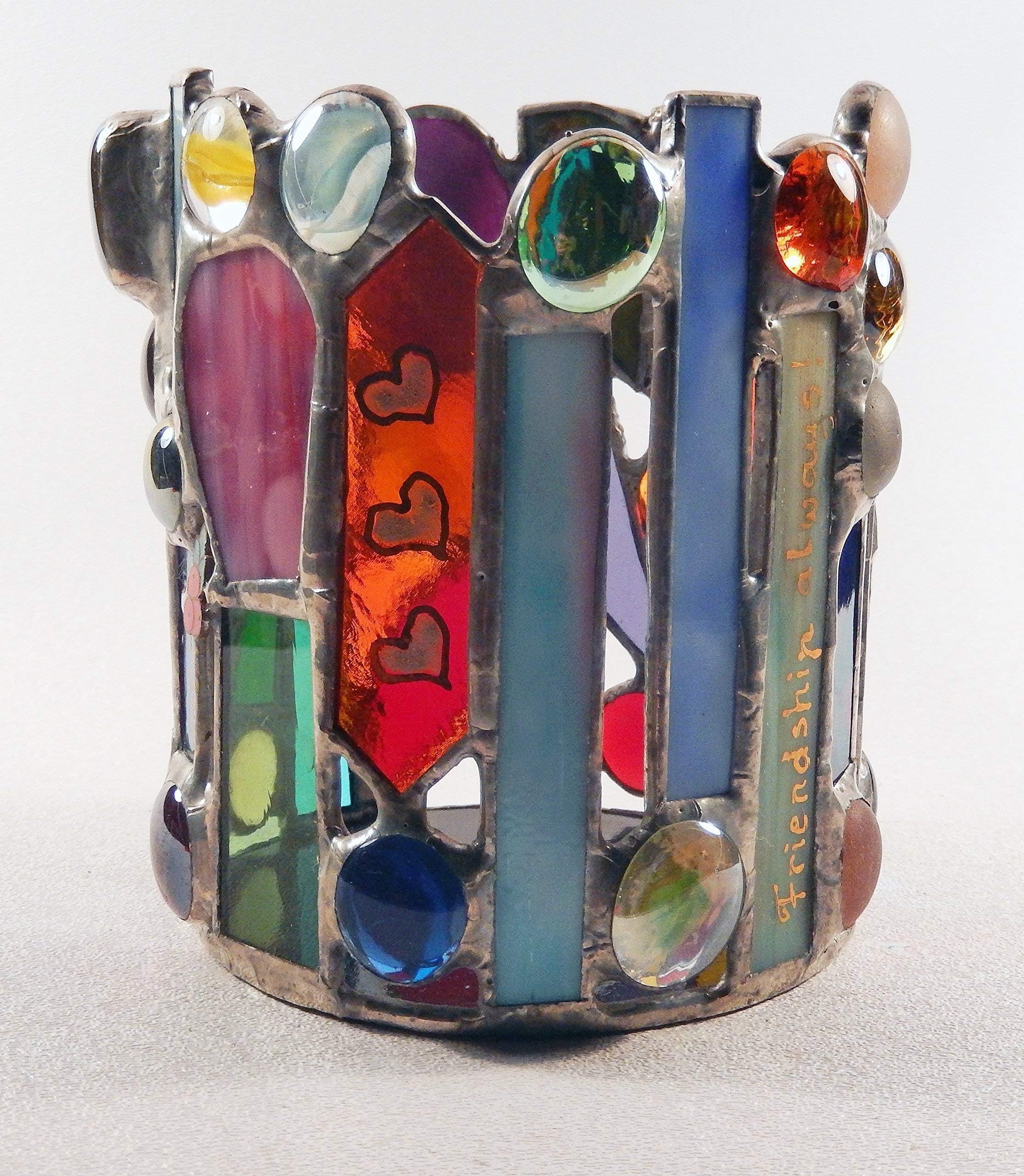 Candle Holders, Stained Glass jeweled Round Candle Holder, in Colors-Yellow, Blue, Red, Gold, Pink, Light Green, Sea Green and Purple with Glass Jewels, Rhinestones, Trinkets