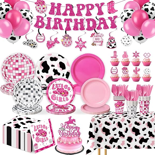 COWGIRL BIRTHDAY PARTY DECORATIONS SUPPLIES – 229 PCS WESTERN DISCO PARTY KIT WITH BANNER, PLATES, CUPS, CUTLERY, BALLOONS & TABLE COVER, SERVE 30