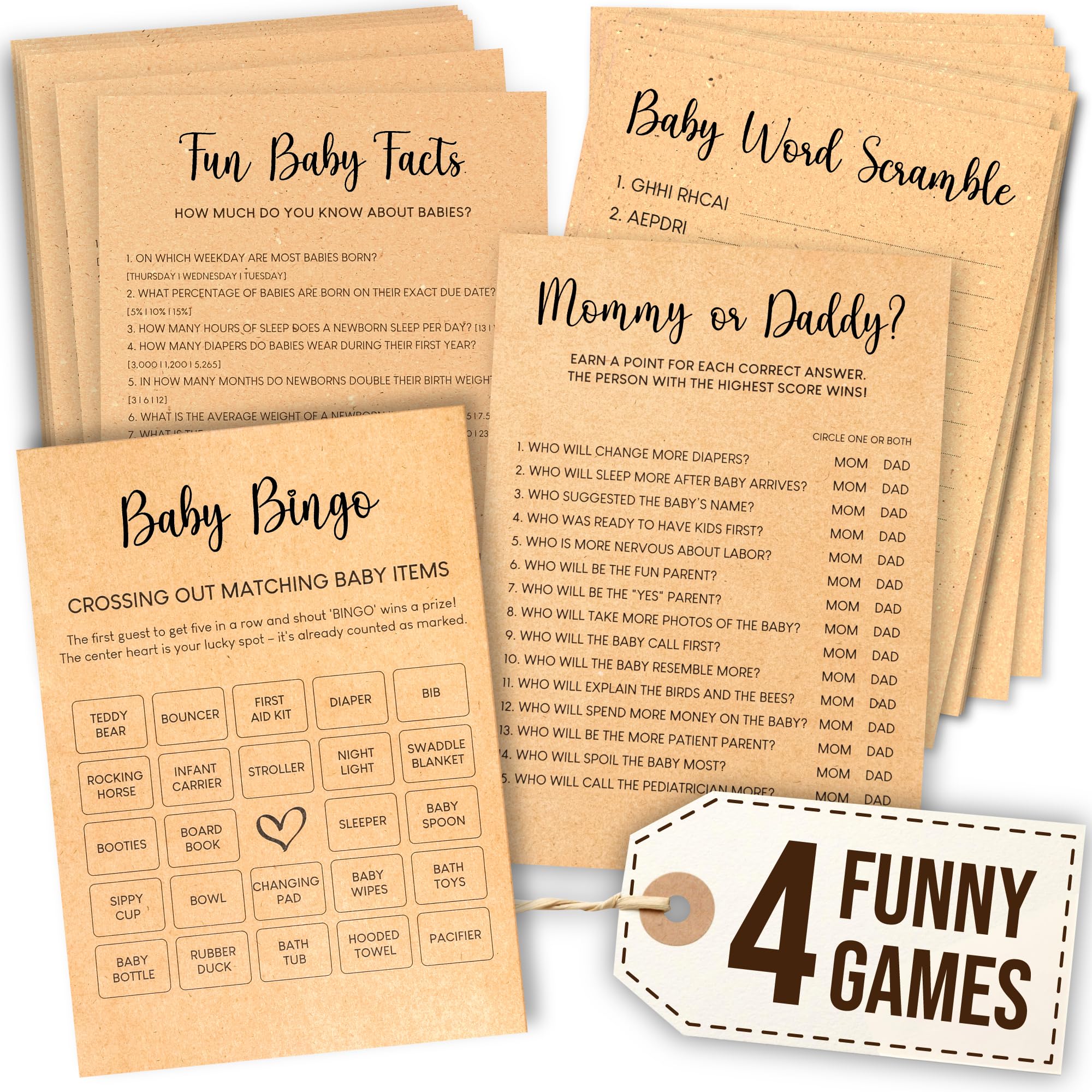 Photo 1 of WOODAMORE Bingo Baby Shower Games for Girl - Baby Shower Bingo Cards for Guests, Word Scramble Mommy or Daddy Game, Funny Boys Babies Showers Activities
