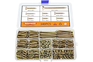 Indprod M4 Flat Head Wood Screws Assortment Kit 340 Pcs,Phillips Drive Countersunk Flat Head Self-Tapping Wood Screws,Yellow Zinc Plated Finish Screw Kit,Self Tapping Screws for Metal,Full Thread