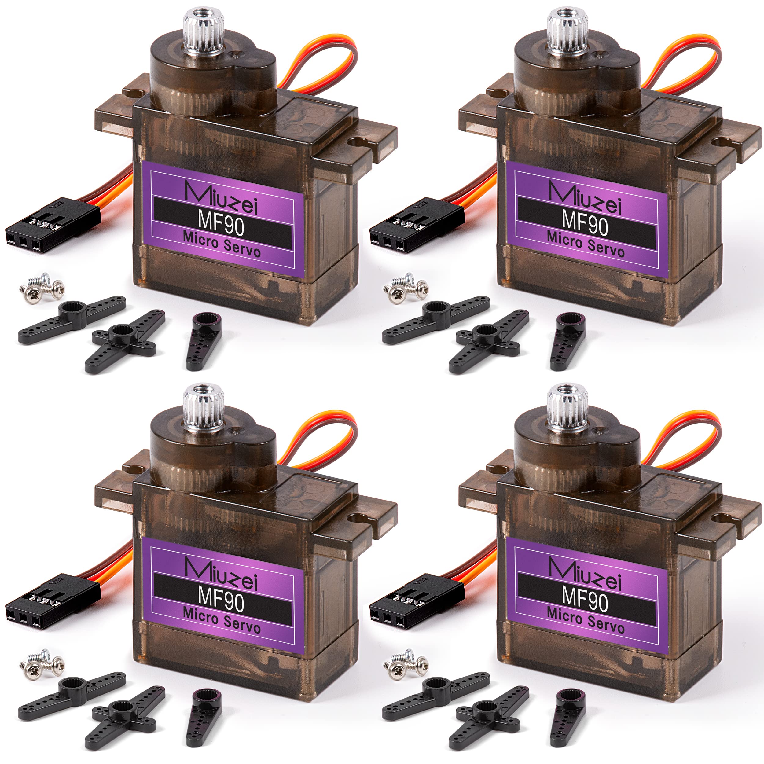 Miuzei Micro Servo Metal Gear 90 9G RC Motor Steering for Arduino Set Helicopter, Flight Boat, Car 1/10 1/8 Robot Rigid Wing Helicopter DIY Models with Servo Cable Horn (Pack of 4)