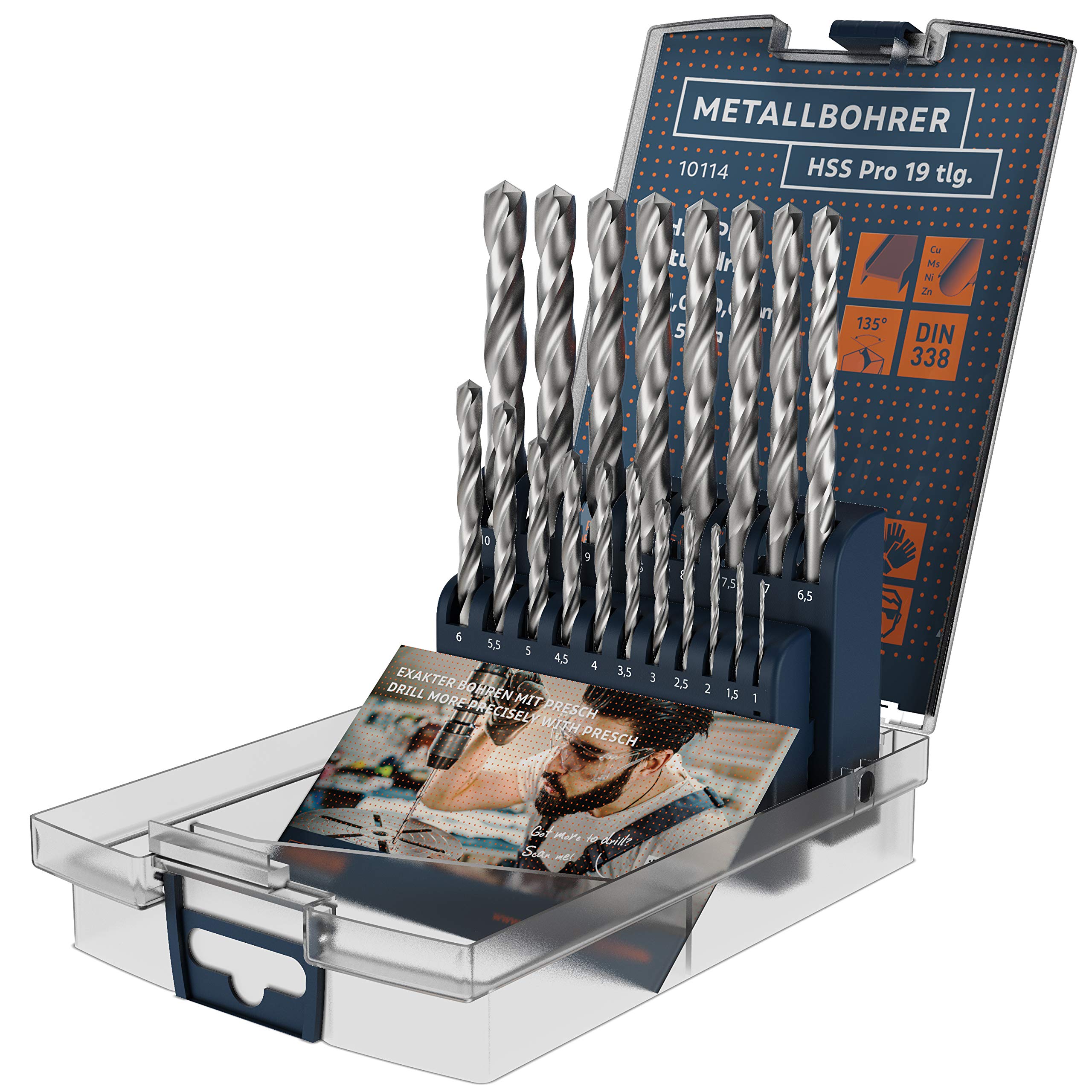 Presch Metal Drill Bit Set HSS Pro 19 pcs - Professional High Speed Steel Drill Set for Al, Cu and Brass - Self Centering Bit Set for Hard Steel Ø 1-10mm