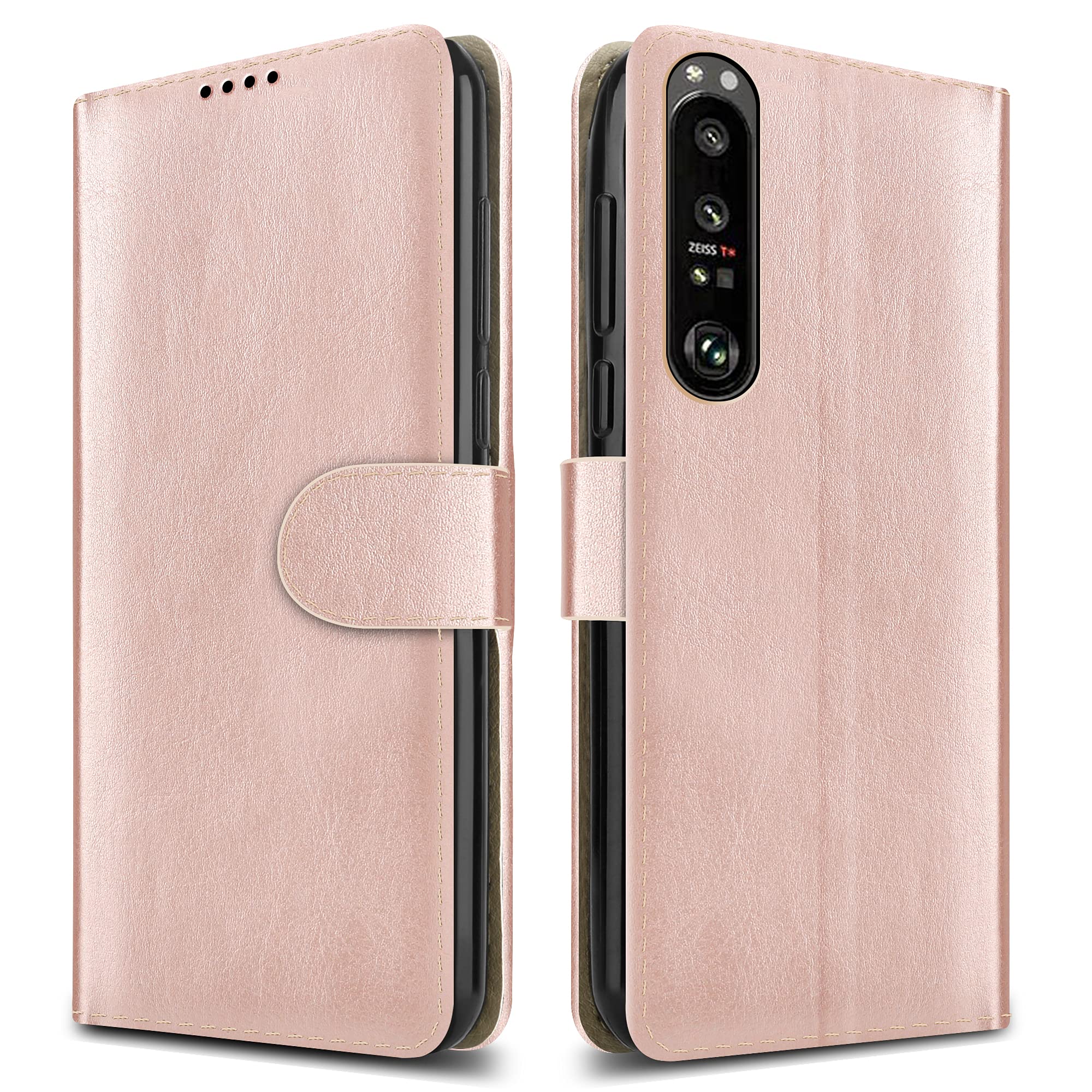 PIXFAB For Sony Xperia 1 III Leather Phone Case, Magnetic Closure Full Protection Book Folio Design, Wallet Case Cover [Card Slots] and [Kickstand] For Sony Xperia 1 III - Rose Gold