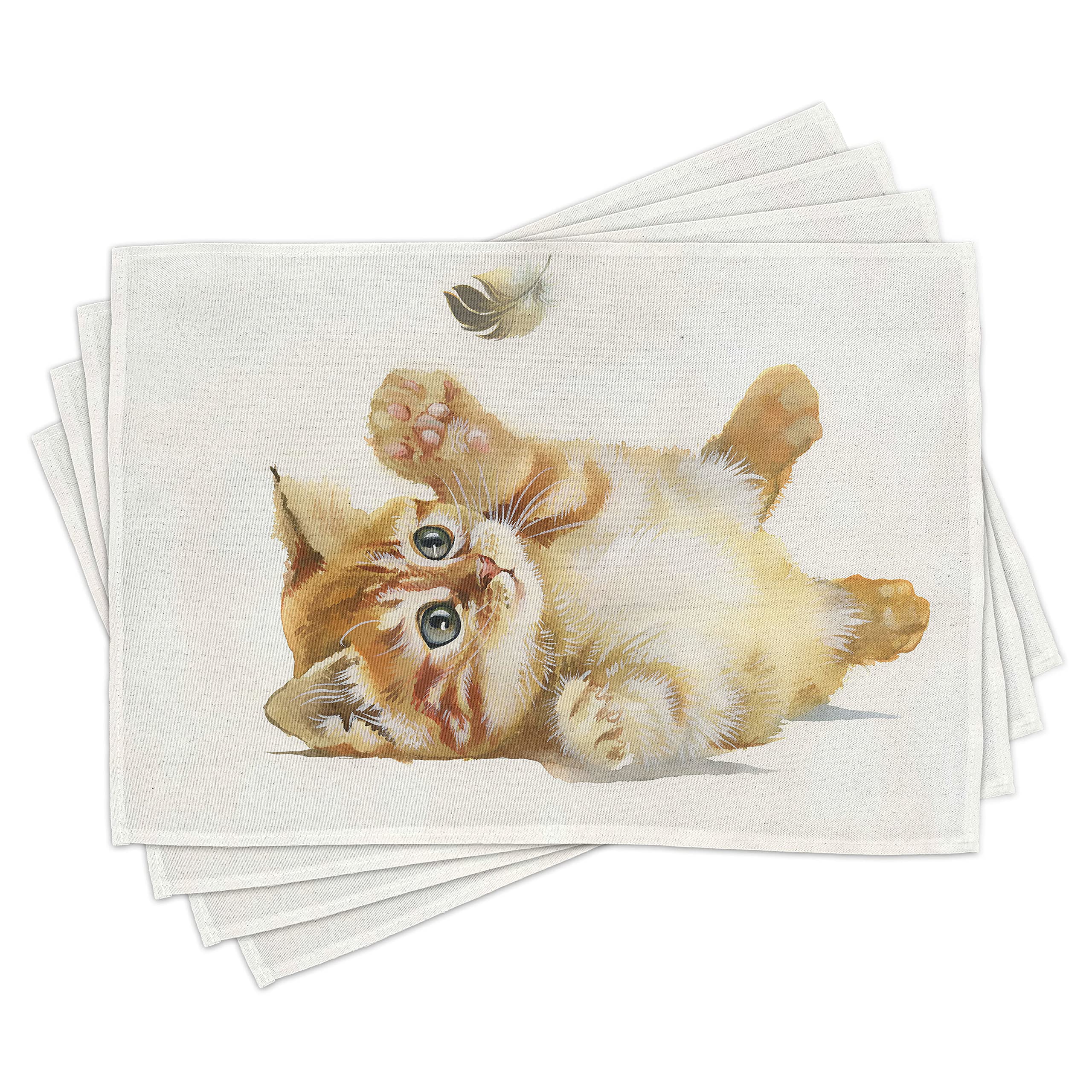 ABAKUHAUS Animal Placemats, Cute Cat Playing with Feather in Watercolor Hand Drawn Illustration Art, Apricot White Cream