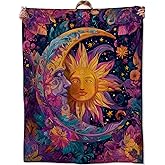 Zeleda Sun and Moon Blanket, Gifts for Celestial and Fantasy Lovers, Lightweight Flannel Throw Blankets, Colorful Cosmic Sky with Floral Throws Home Decor, for Couch Living Room Office, 60x50inch