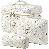 HBselect Quilted Makeup Bag, 3PCS Cotton Large Travel Makeup Bag, Cute Floral Coquette Make up Bag Cosmetic Bag Toiletry Bag for Women Girls