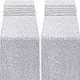 FECEDY 2 Packs 12 x 108inch Glitter Silver Sequin Table Runner for Birthday Wedding Engagement Bridal Shower Baby Shower Bach