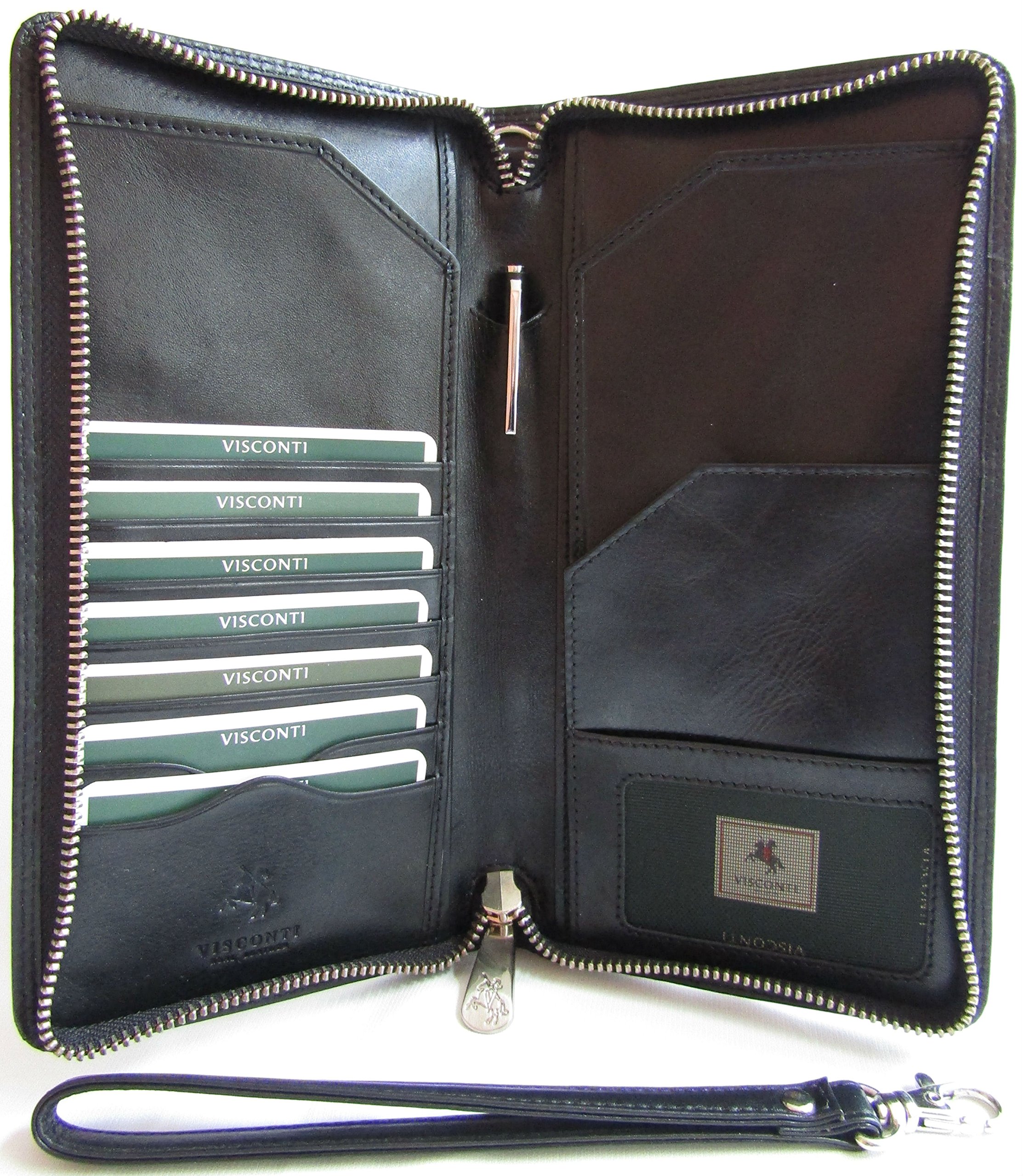 New Unisex Visconti Italian Style Leather Passport Travel RFID Anti Fraud Wallet Black Or Brown Style MZ101 Monza Wing (Italian Black)