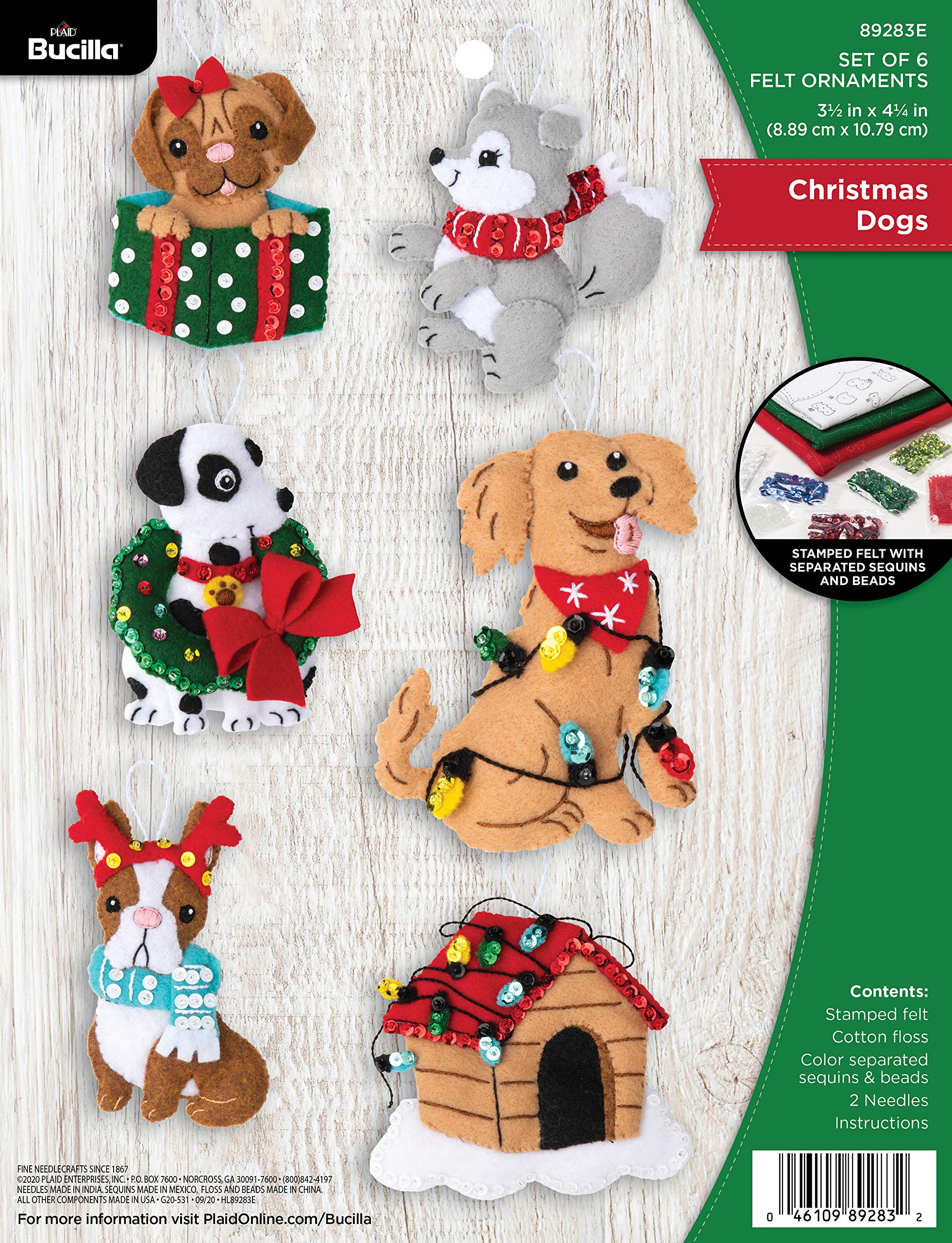 Bucilla Felt Applique Ornament Kit, Christmas Dogs, Set of 6, Cotton, Red, Green, White