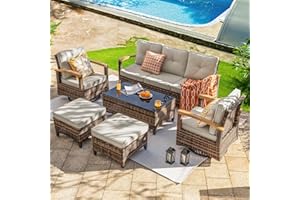 MEISSALIVVE 6 Pieces Patio Furniture Sets,Outdoor Rattan Furniture Conversation Sets with 2 Wood Armrests Swivel Rocker Chairs, 2 Ottoman, 3-seat Sofa and Coffee Table(Brown)